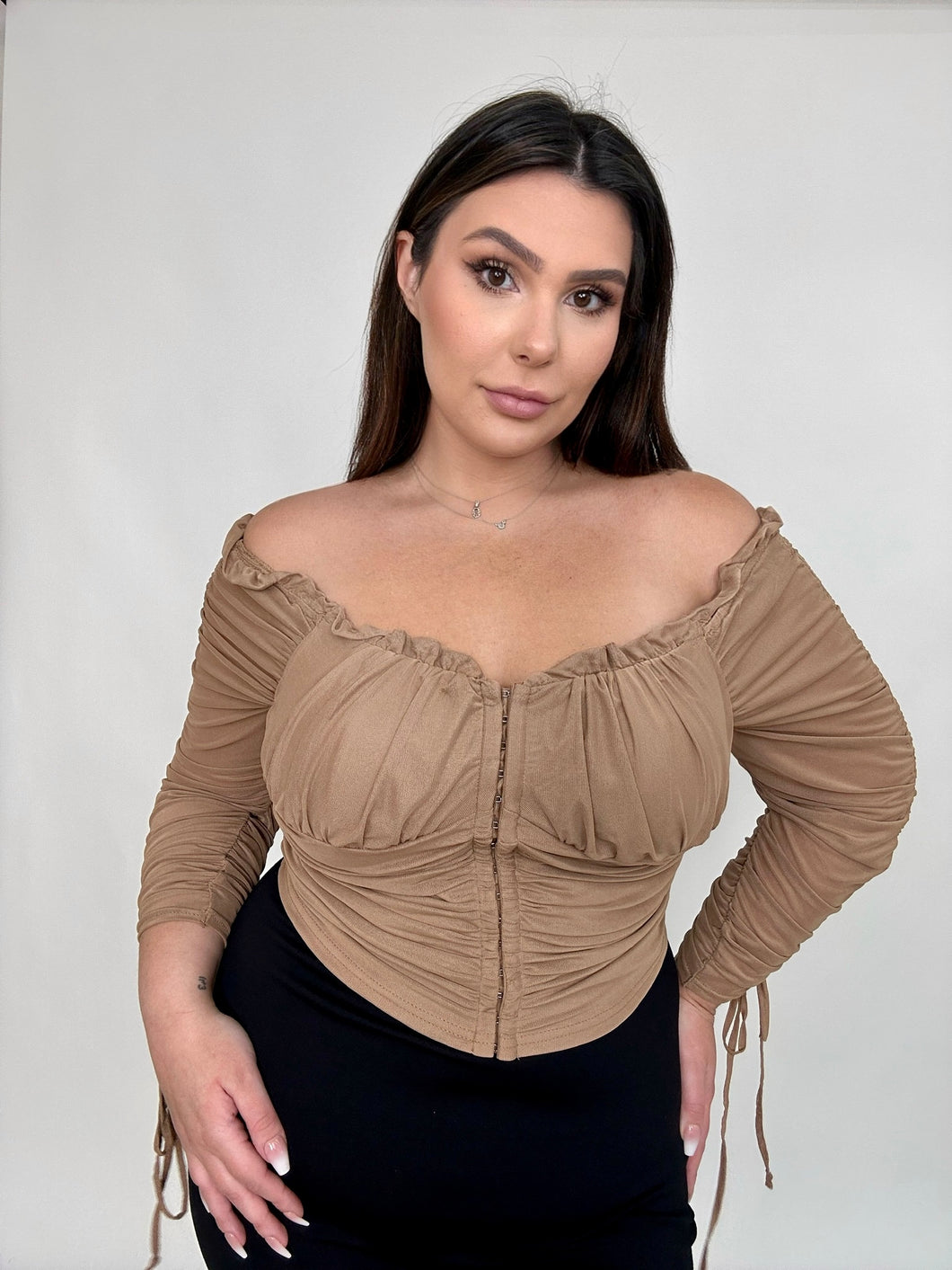 ‘Nikki’ Rouched Off Shoulder Corset Top (2 colors)