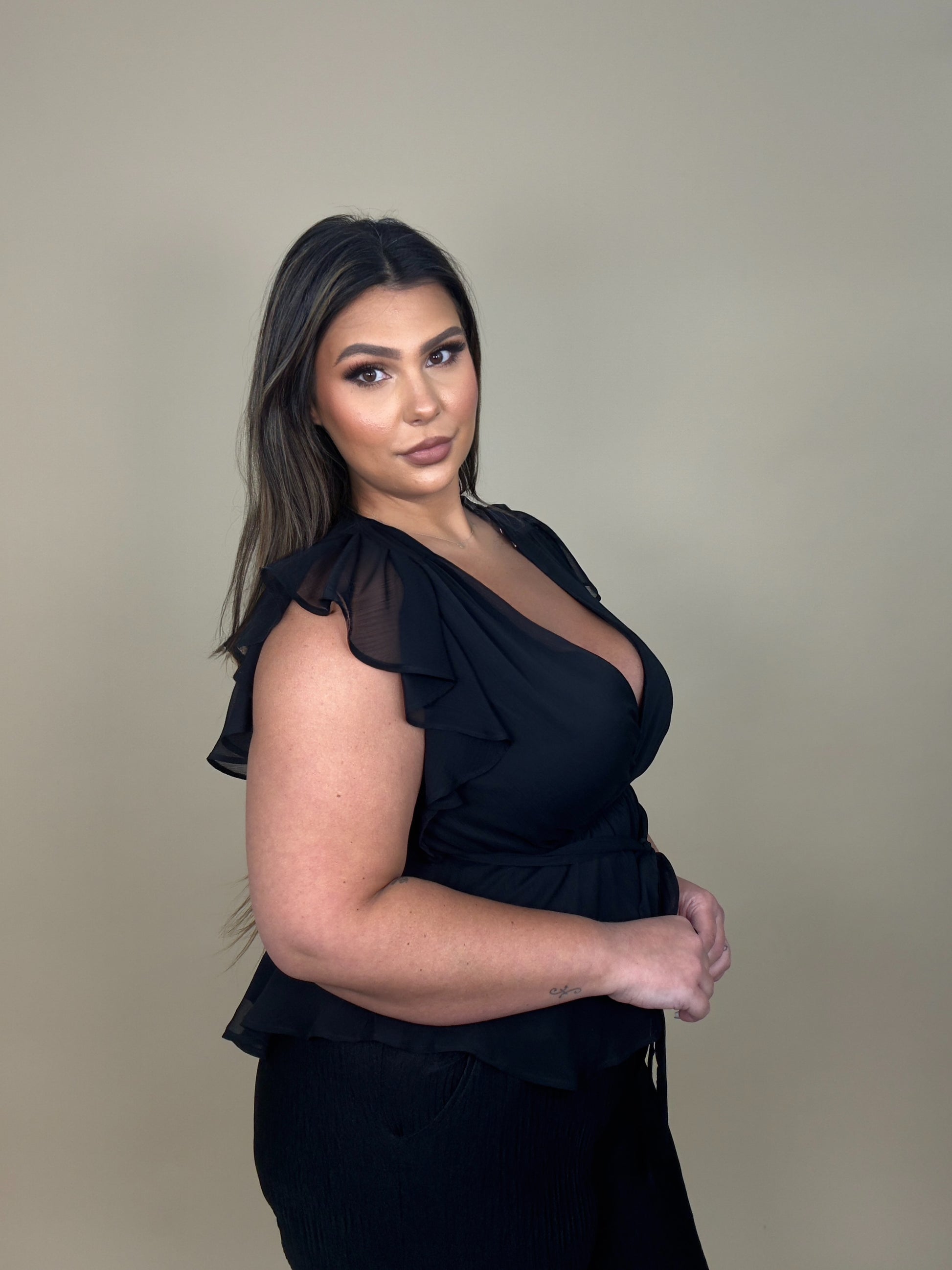 Ruffle Tie Belt Peplum Top