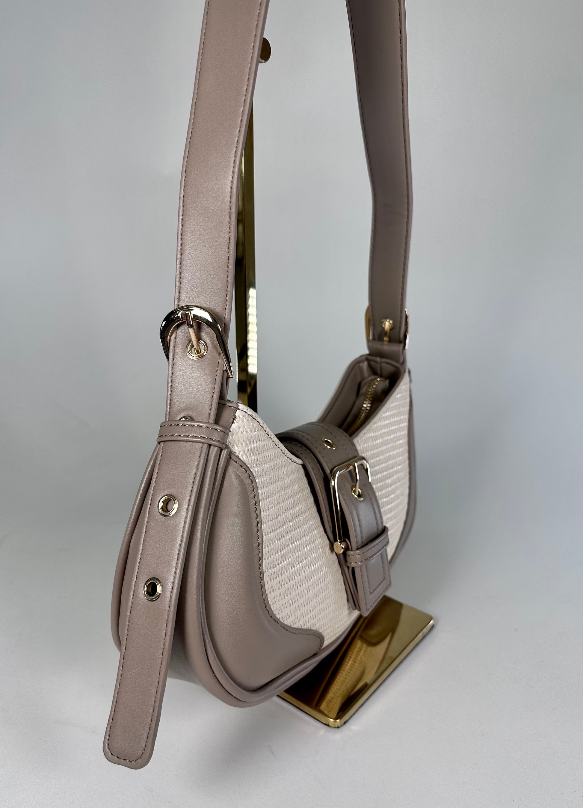 ‘Cortnie’ Tan Textured Faux Leather Buckle Bag
