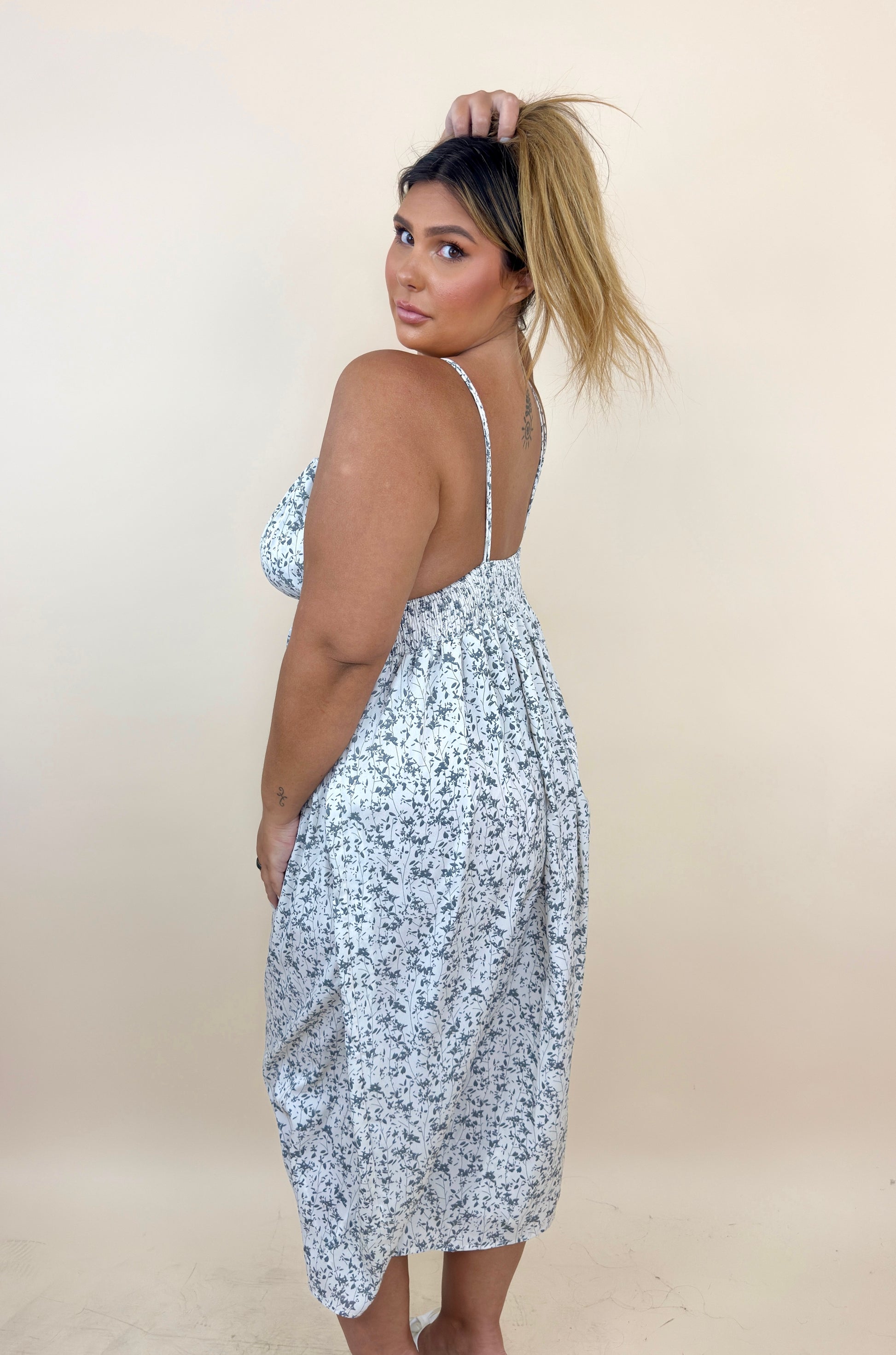 Cream & Grey Printed Summer Dress
