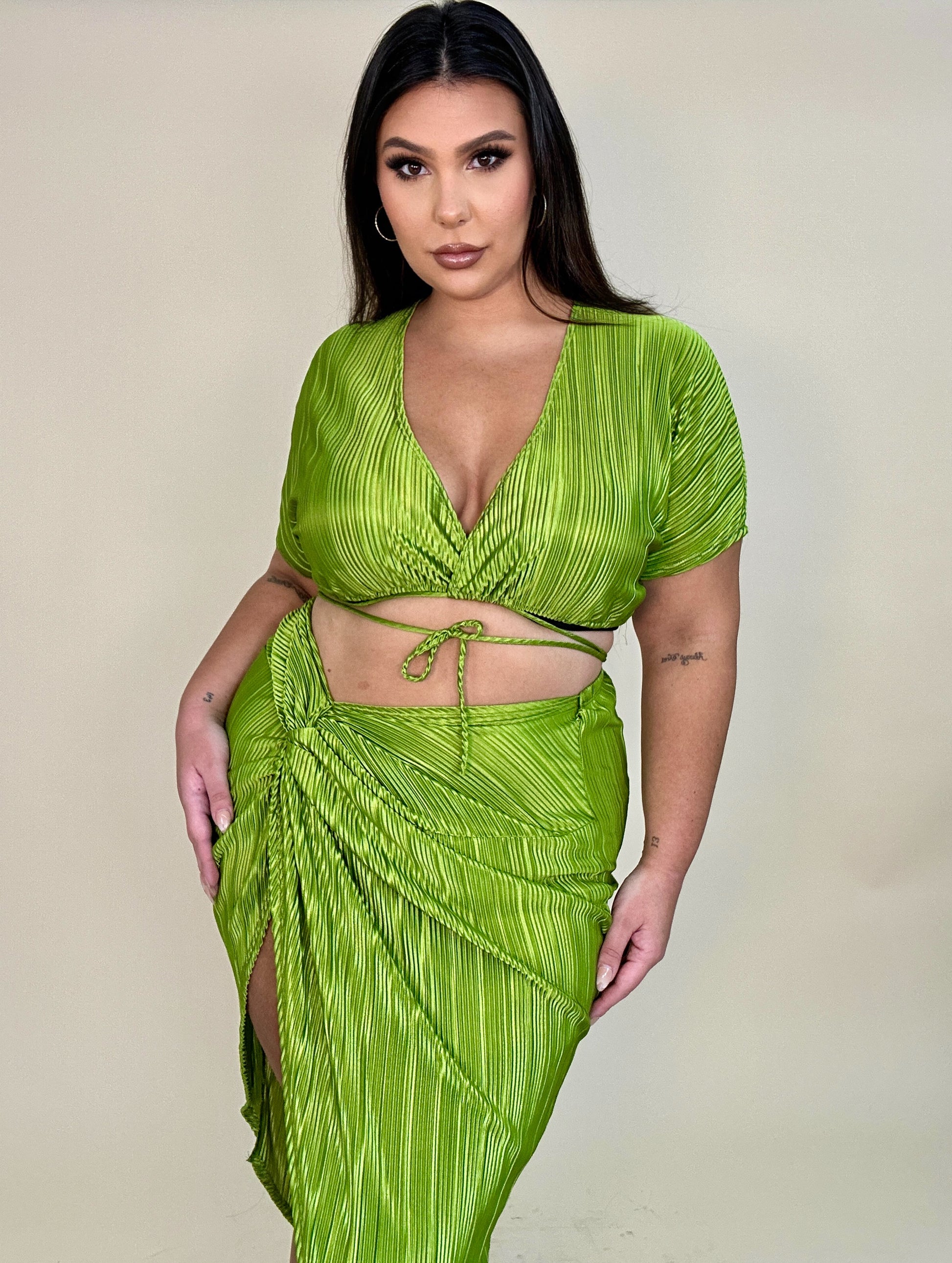 Green Textured Skirt Set