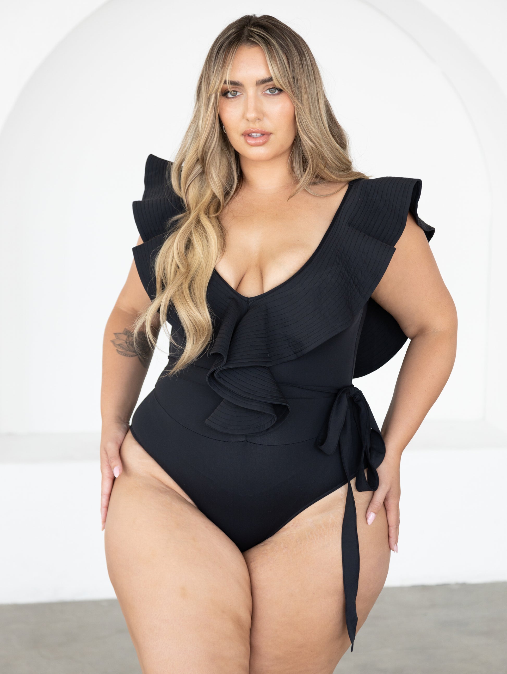 Ruffled Open Back Side Tie One Piece Swimsuit