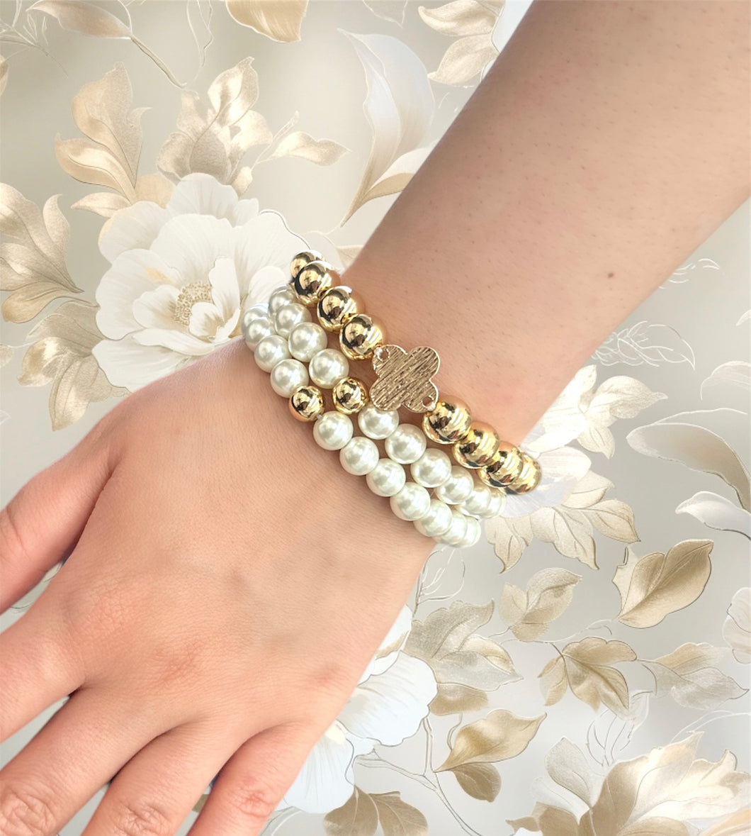 White & Gold Beaded Bracelet (3 Piece Set)