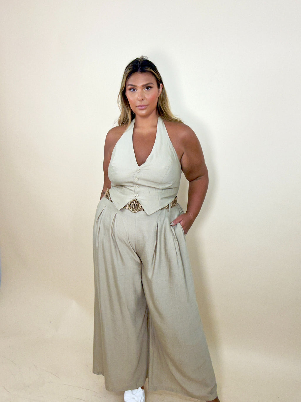 Beige Belted Halter Set