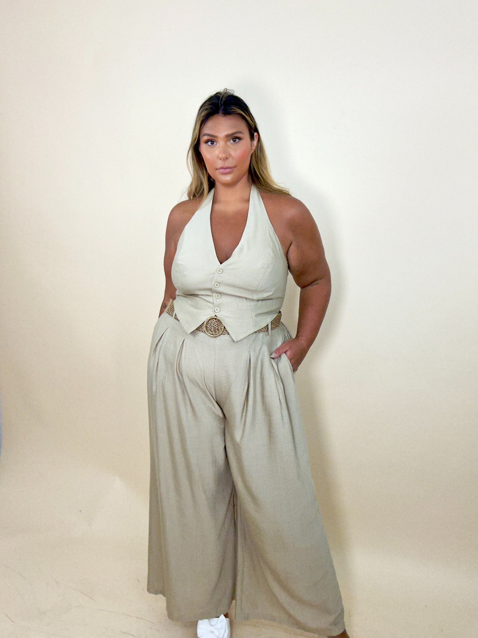 Beige Belted Halter Set