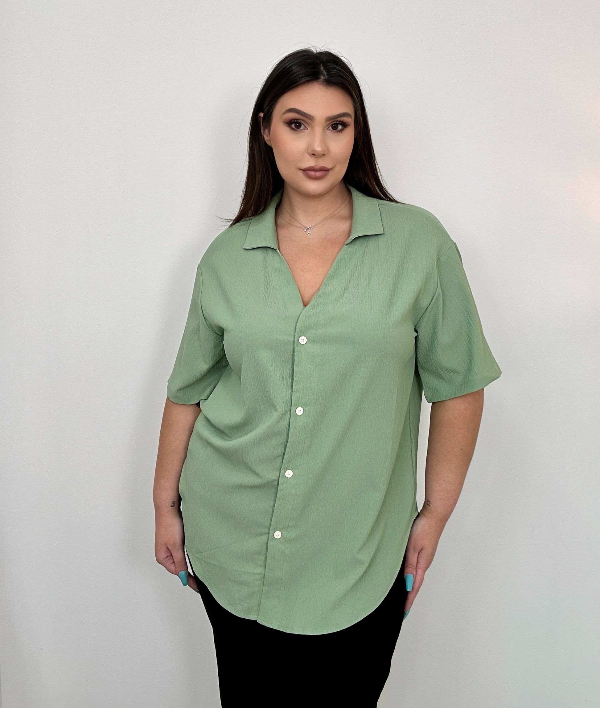 Light Green Textured Button Up Collared Top