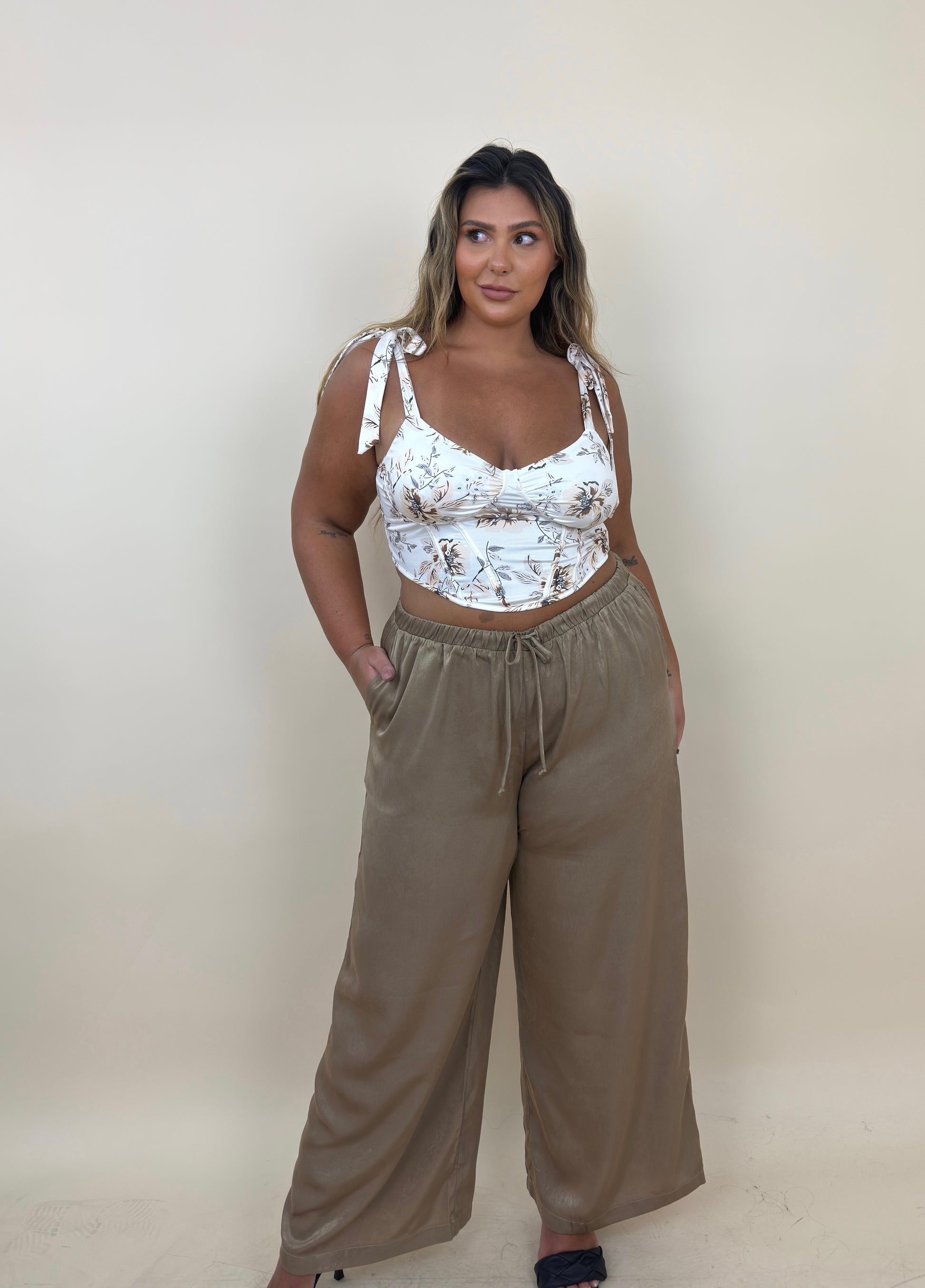 Beige Silky Sheen Wide Leg Pant