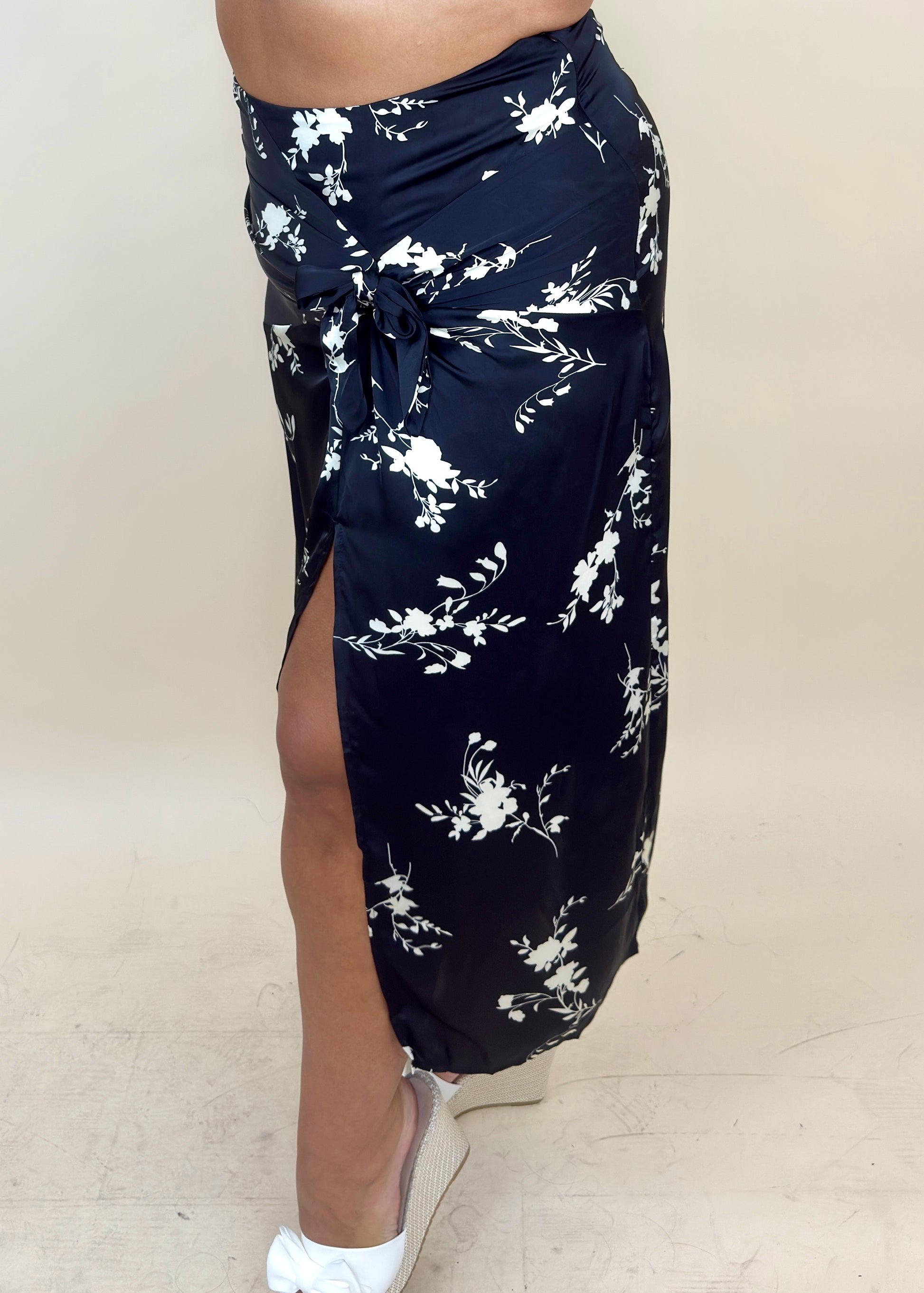 Black Floral Silky Skirt