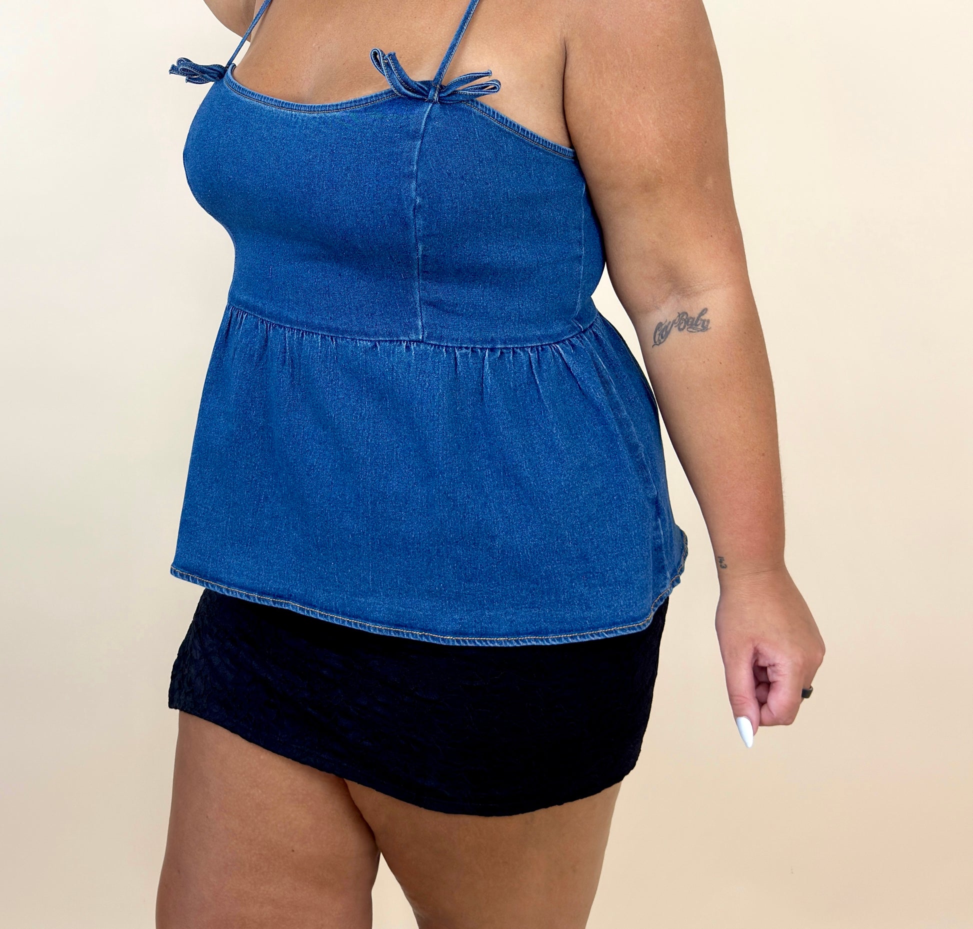 Stretchy Denim Peplum Top