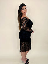 Load image into Gallery viewer, Sheer Patterned Off Shoulder Long Sleeve Dress
