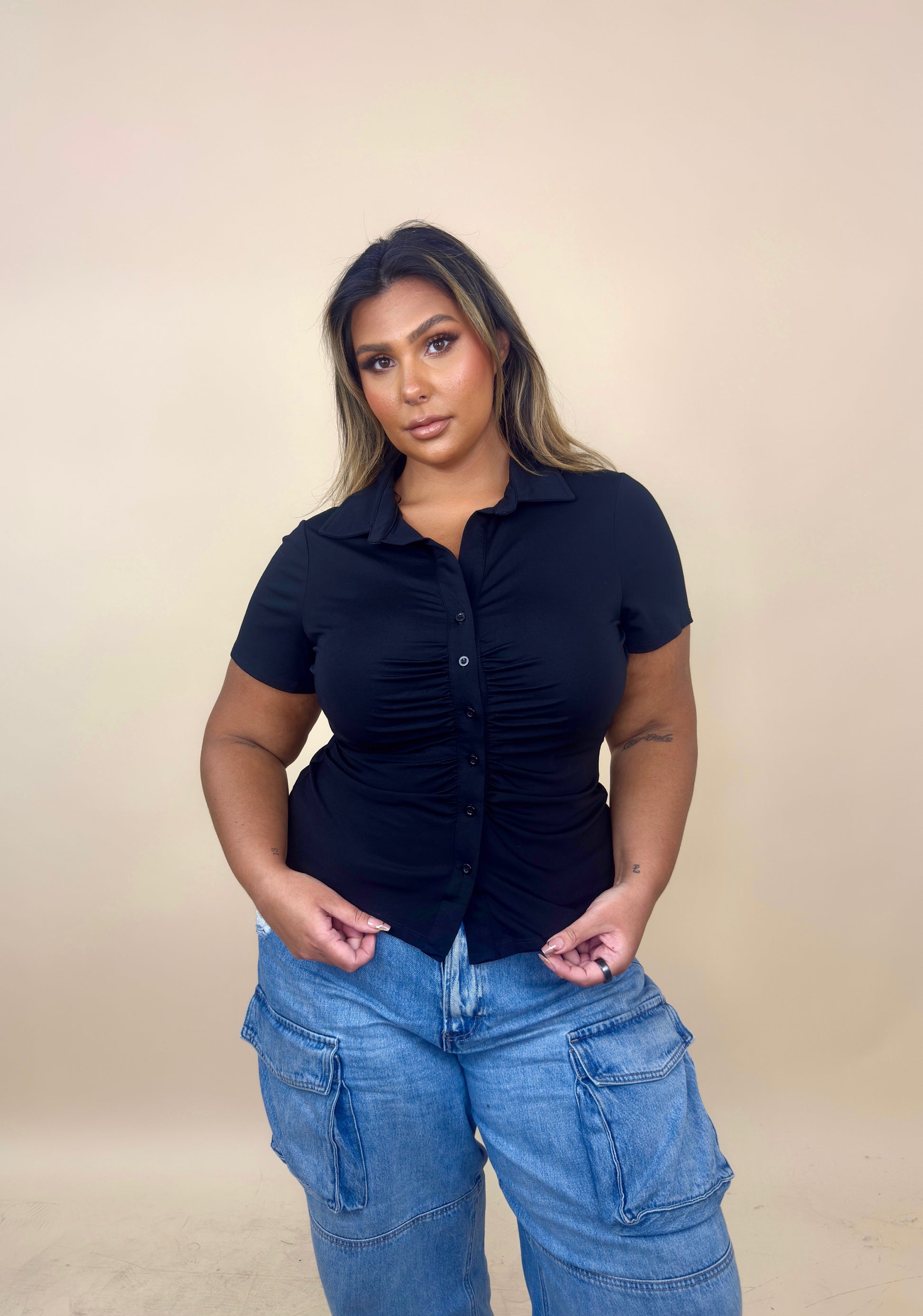Soft Rouched Button Up Collared Top