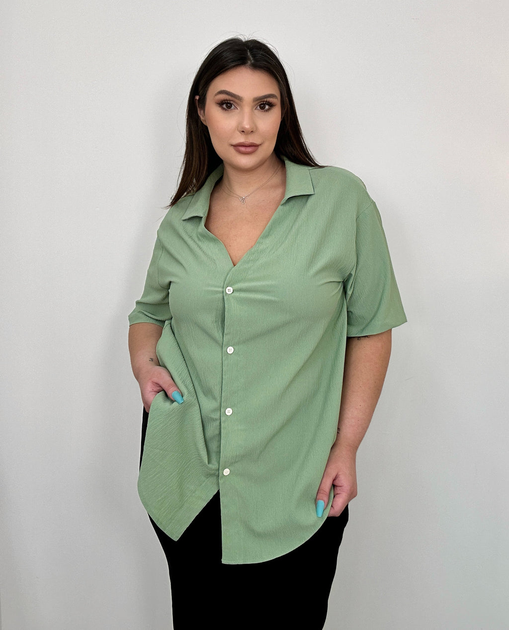 Light Green Textured Button Up Collared Top