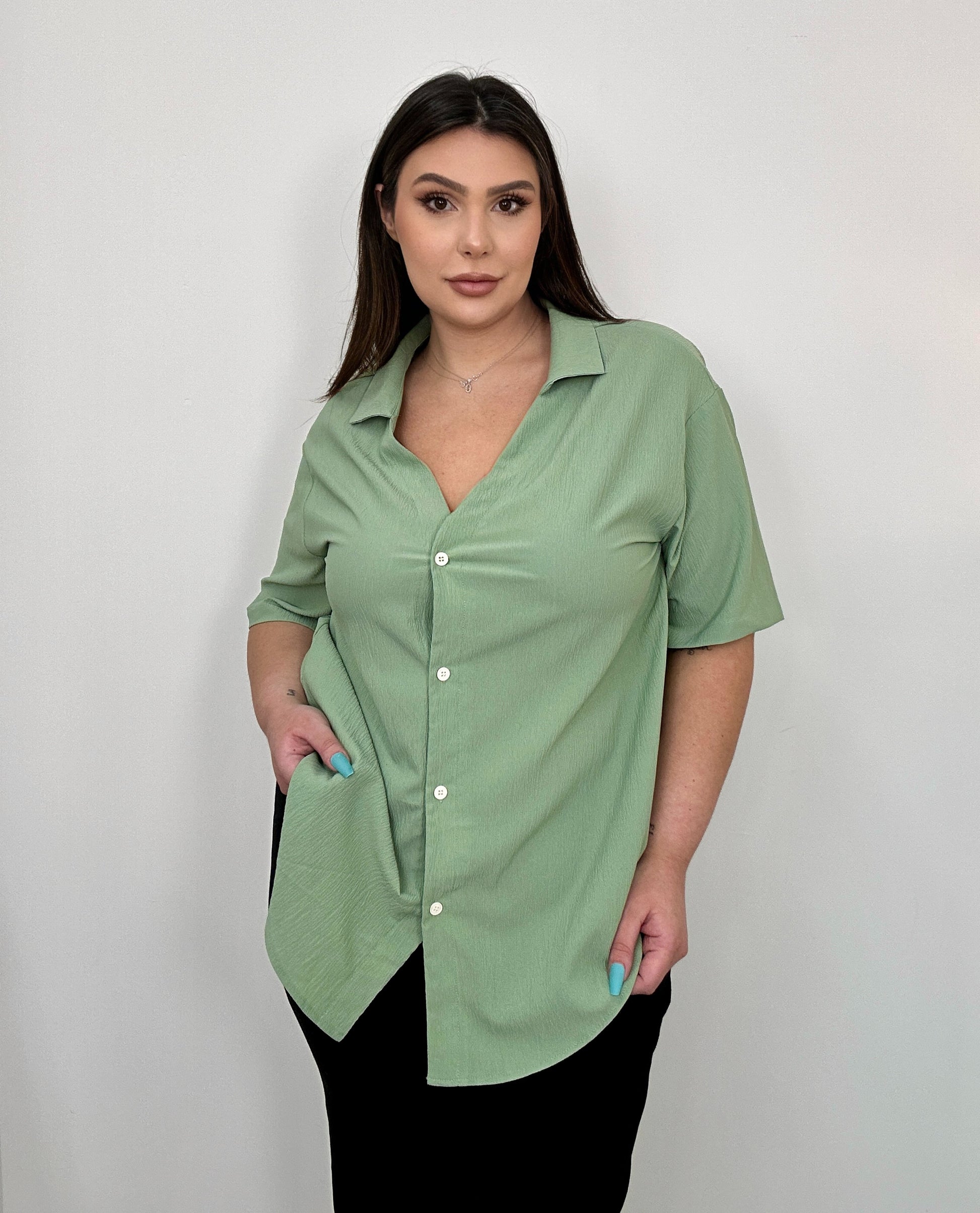 Light Green Textured Button Up Collared Top