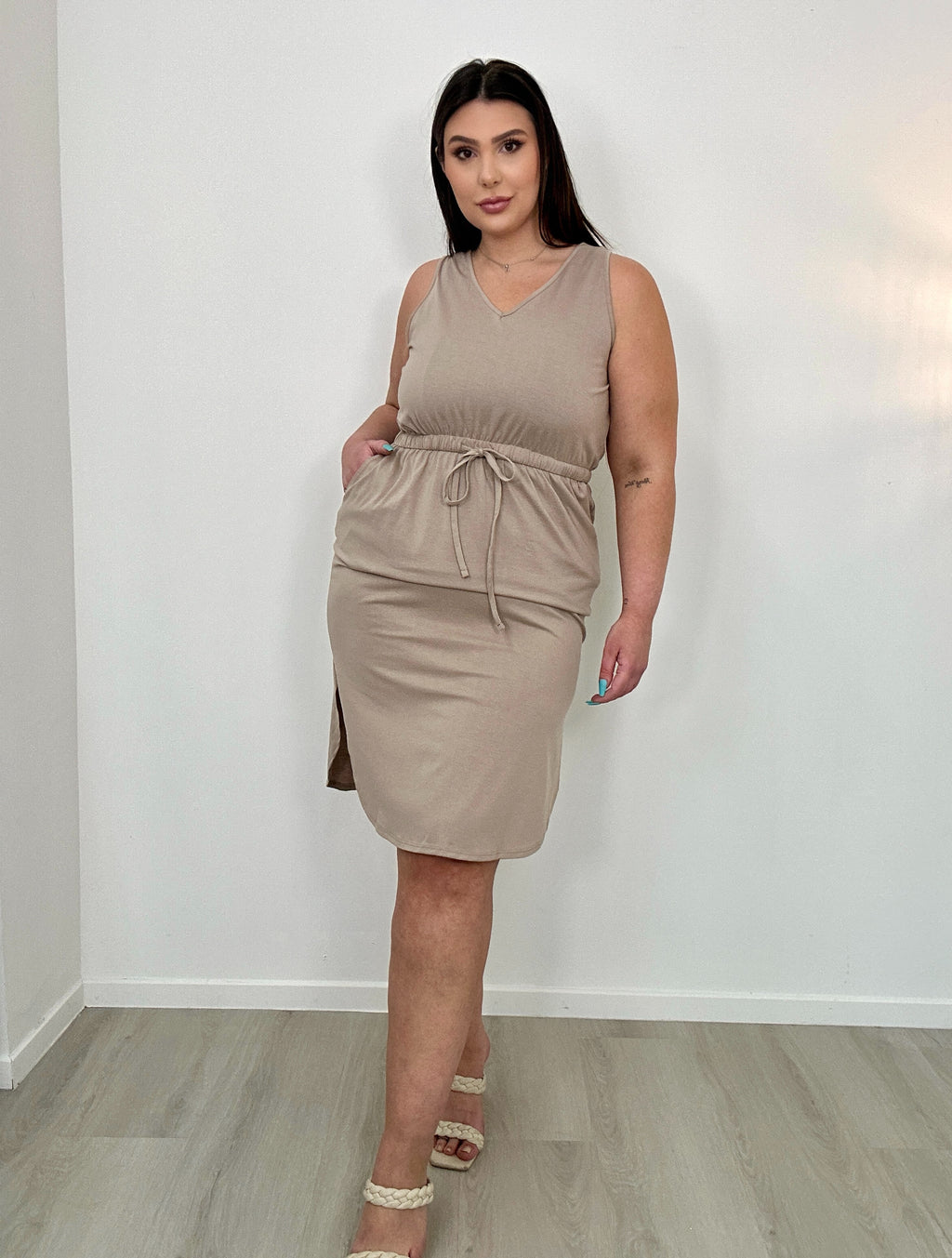 Beige Summer Waist Tie Side Slits Dress