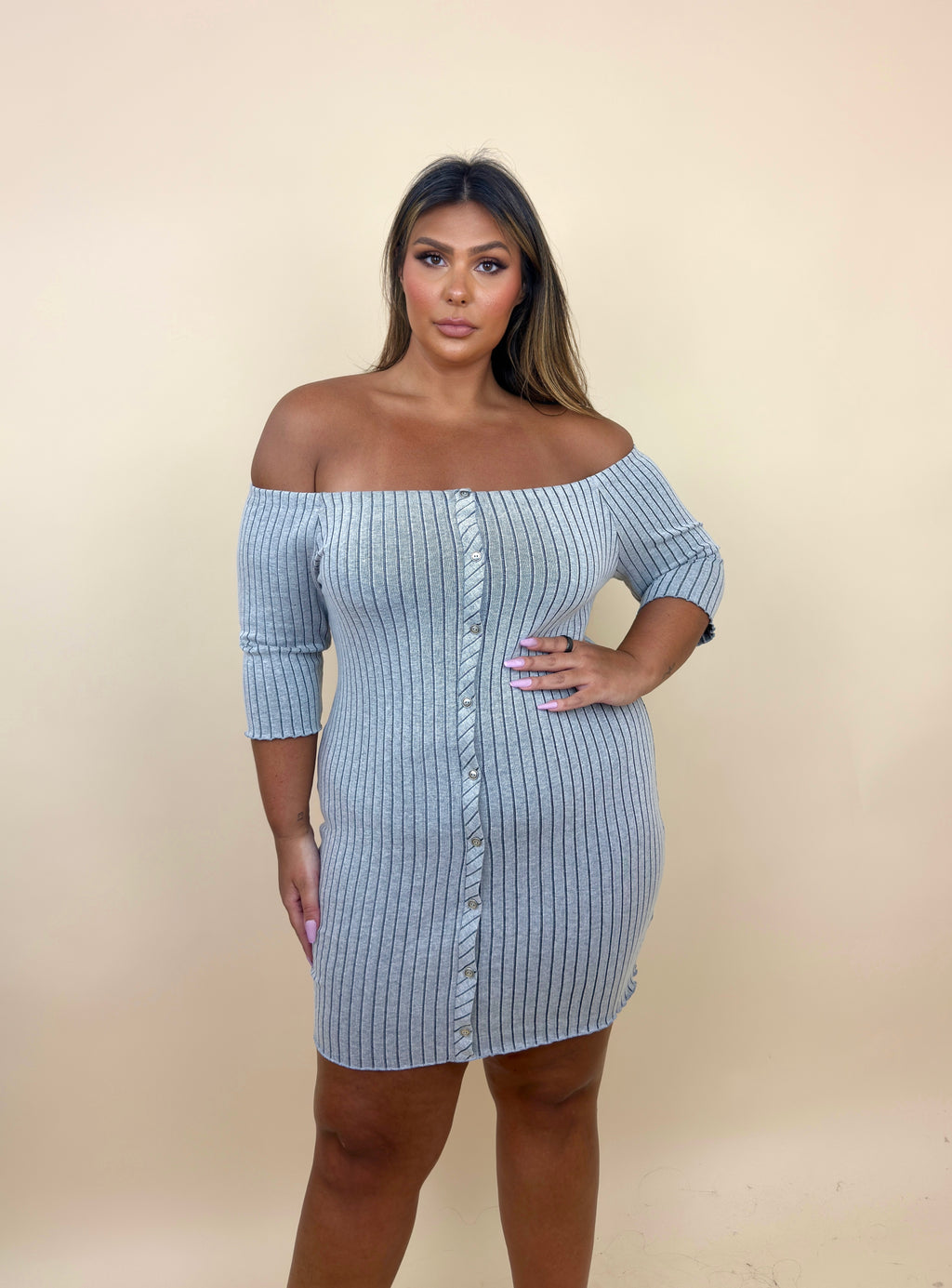 Off Shoulder Stripped Button Dress