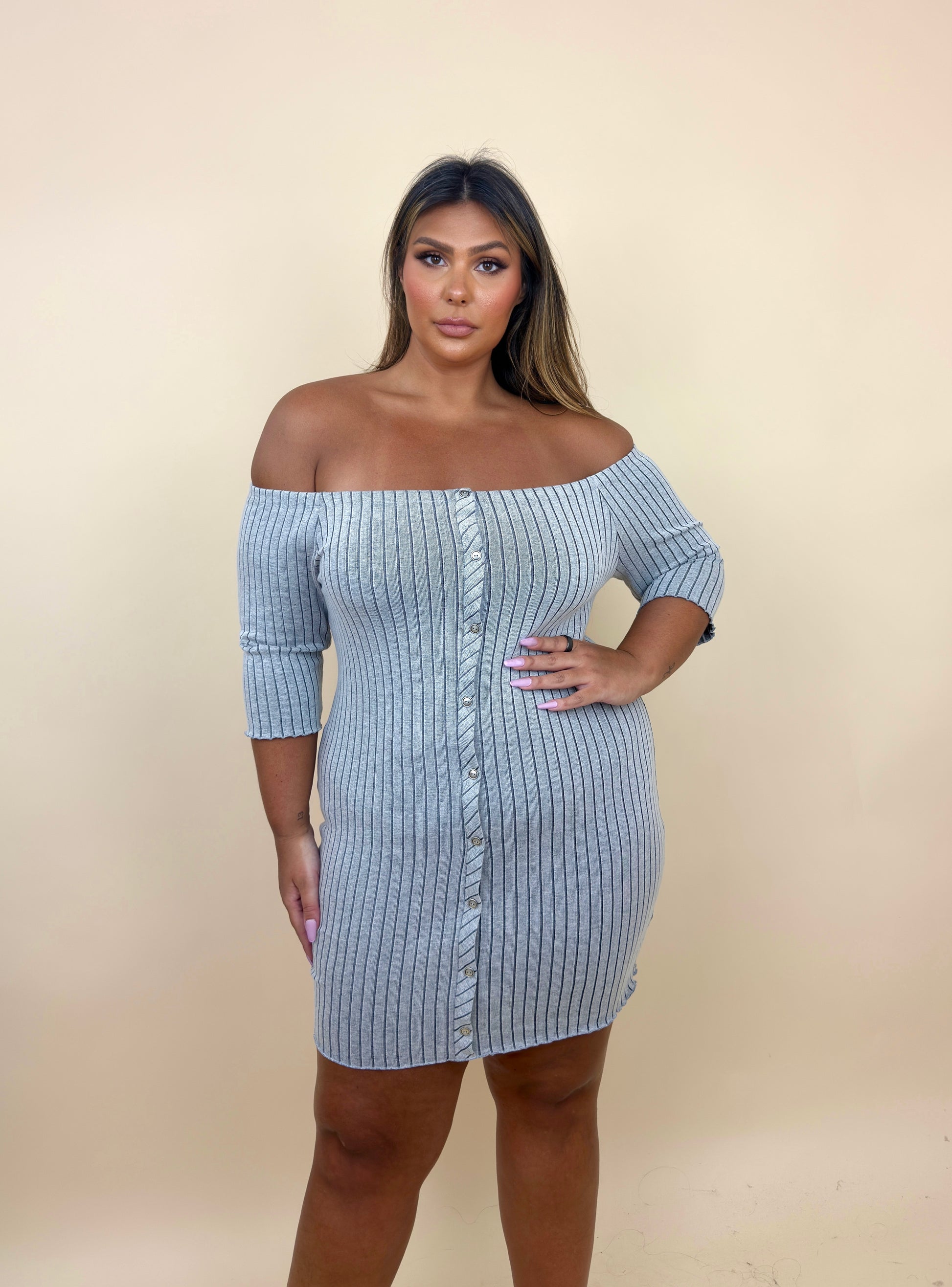 Off Shoulder Stripped Button Dress