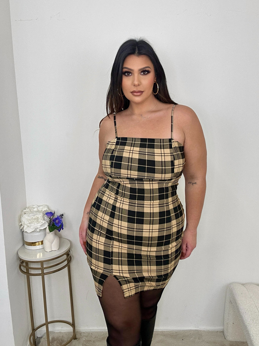 Golden Plaid Mini Dress