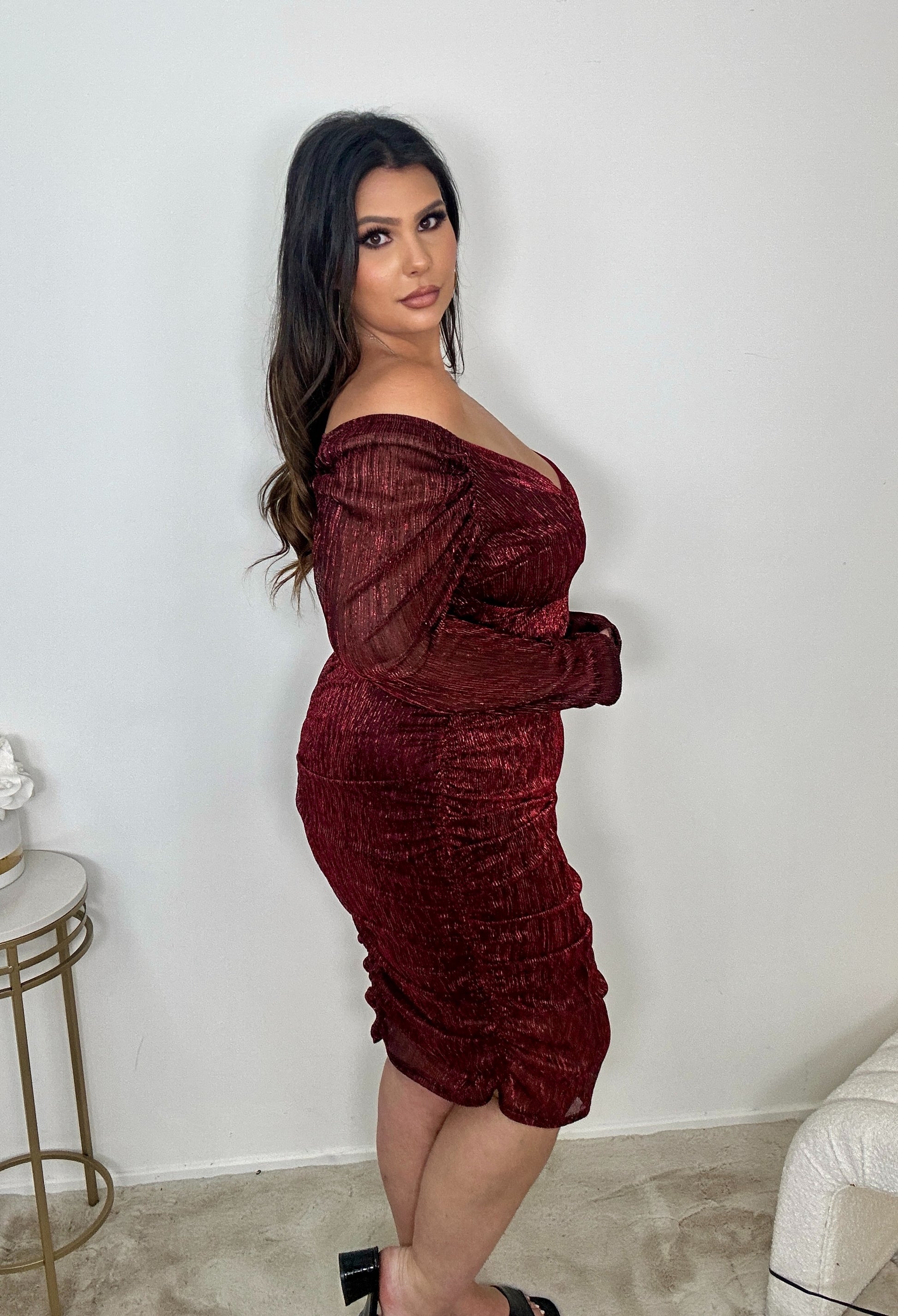 Shiny Red Rouched Dress