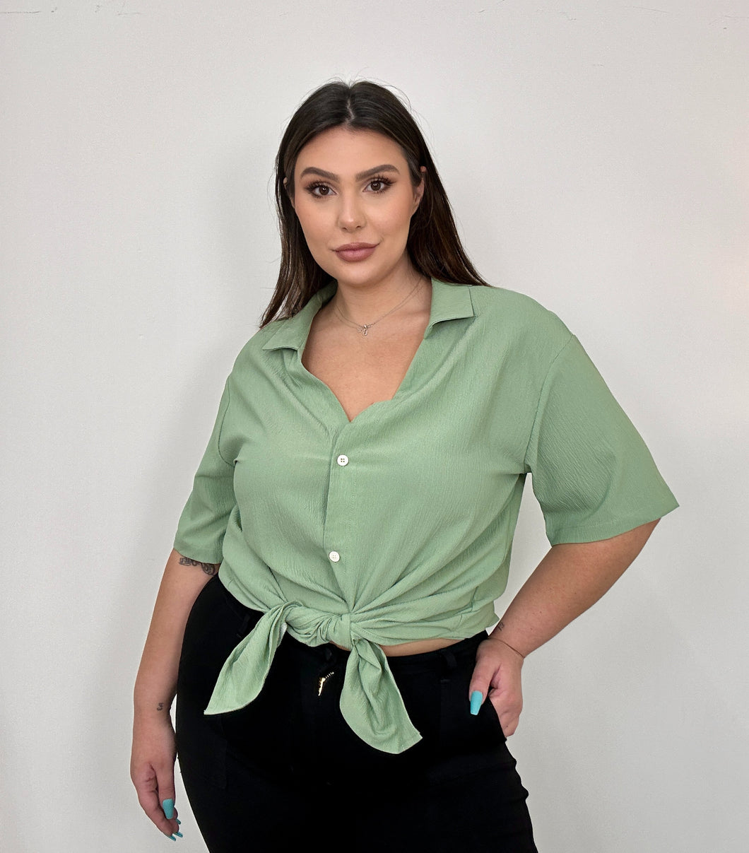 Light Green Textured Button Up Collared Top