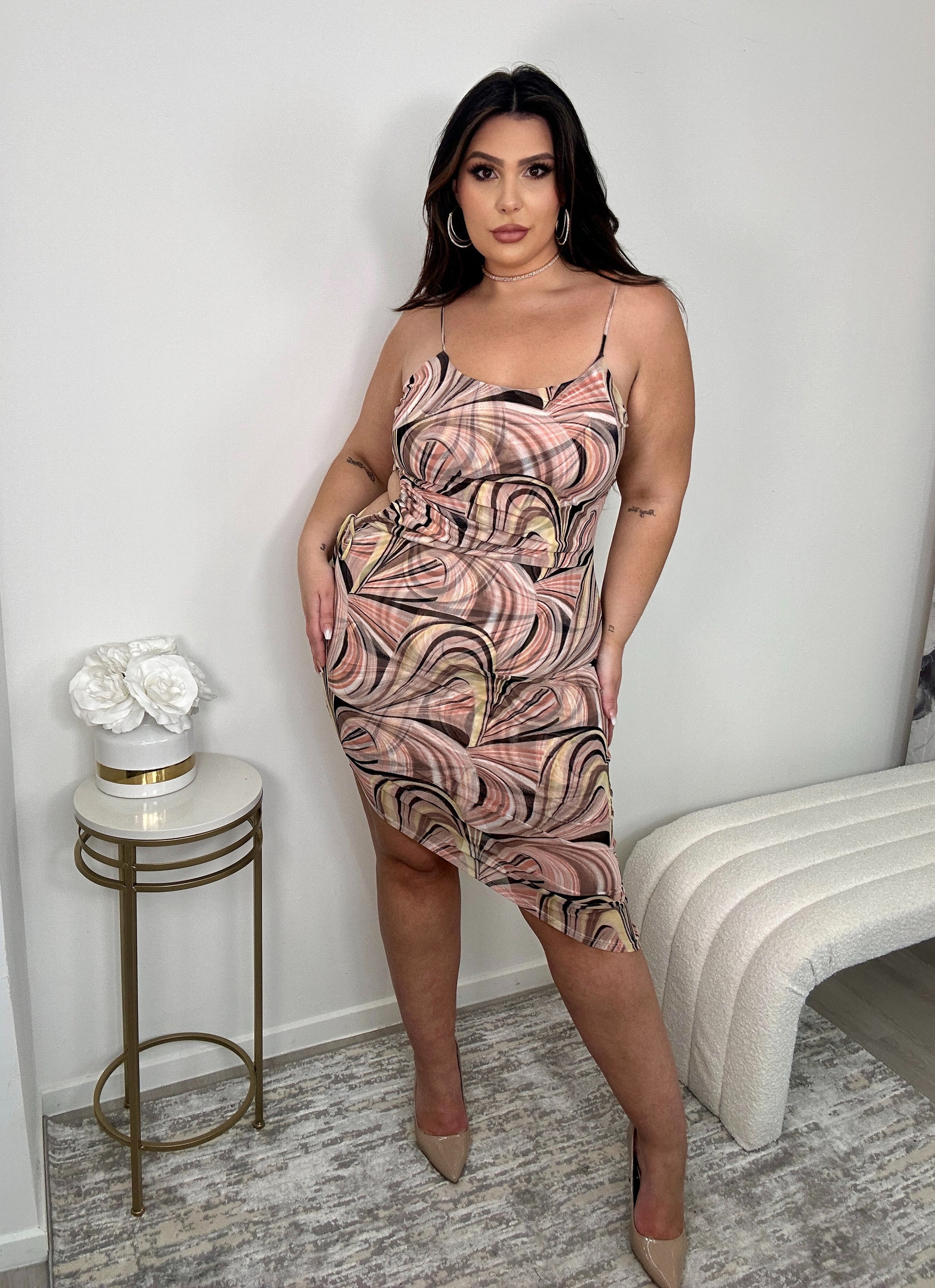 Patterned Asymmetrical Side Cut Dress