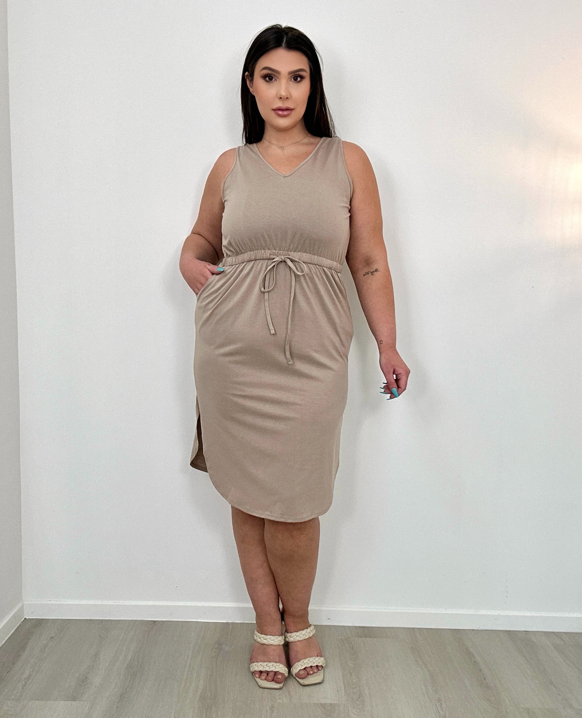 Beige Summer Waist Tie Side Slits Dress