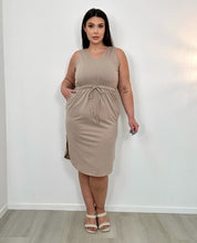 Load image into Gallery viewer, Beige Summer Waist Tie Side Slits Dress
