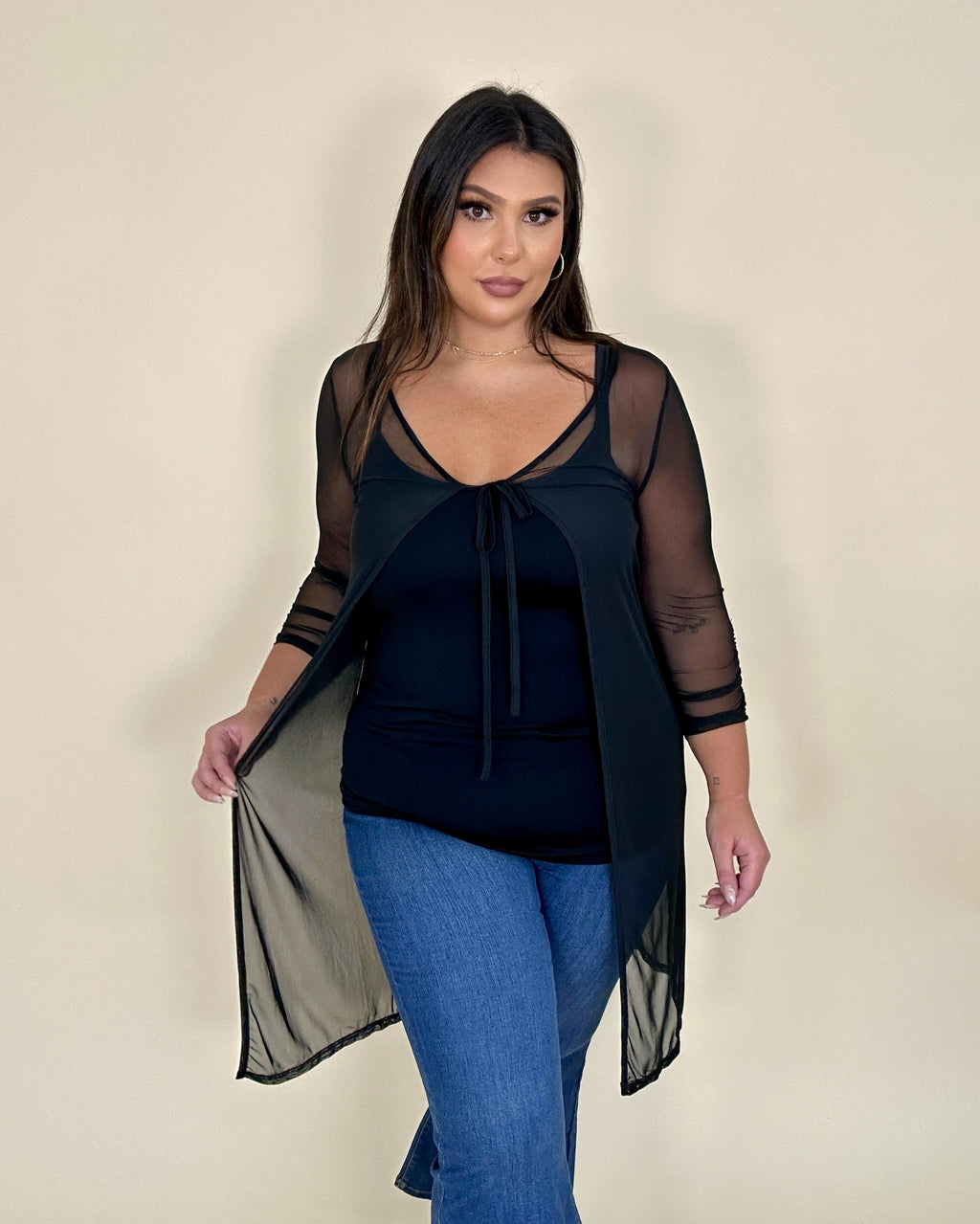 Long Sheer Front Tie Cardigan