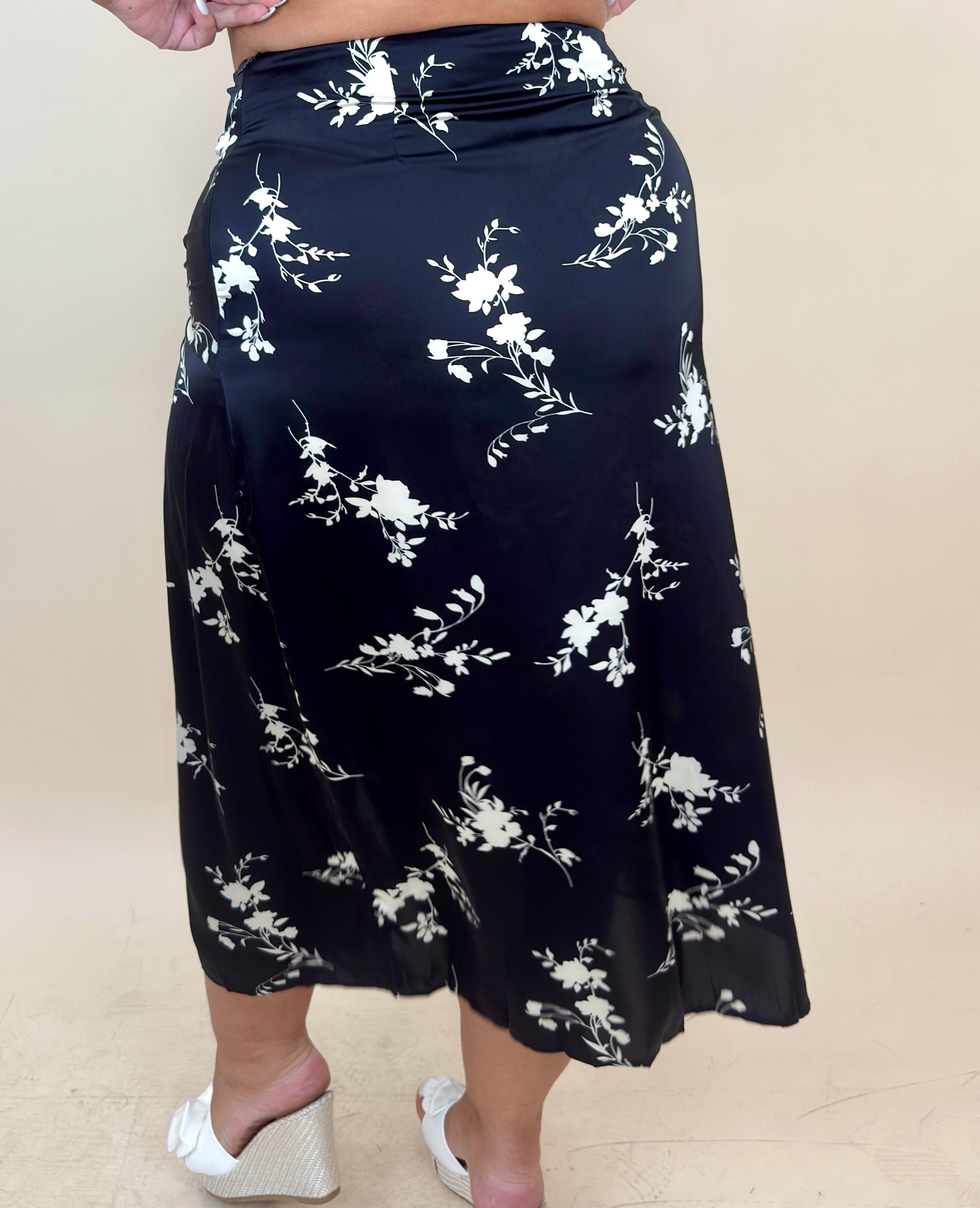 Black Floral Silky Skirt
