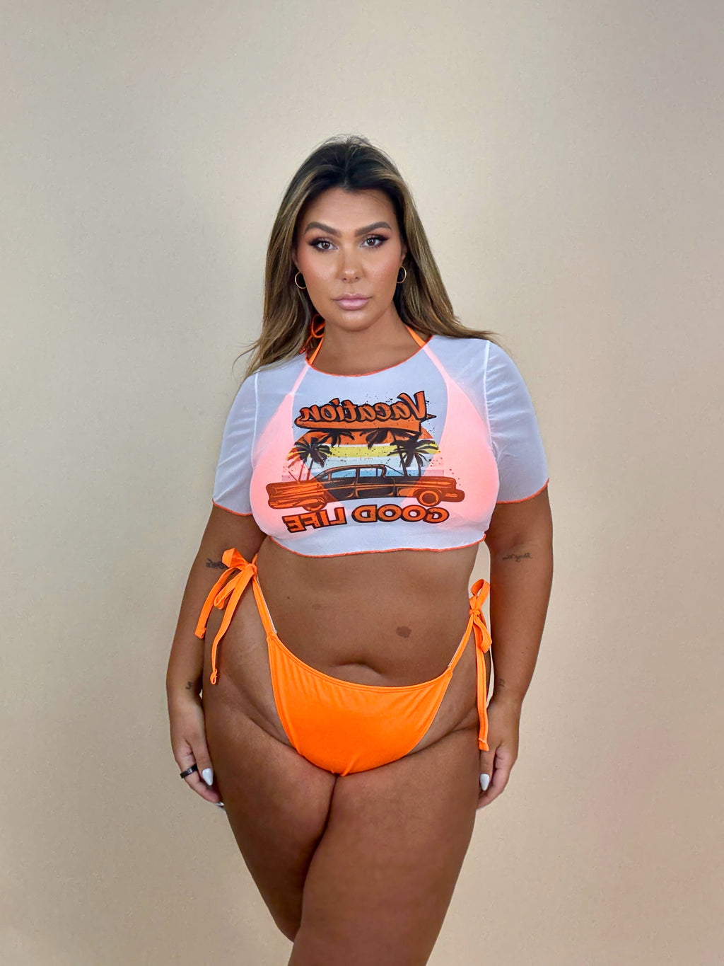 3 Piece Orange String Bikini Swimsuit