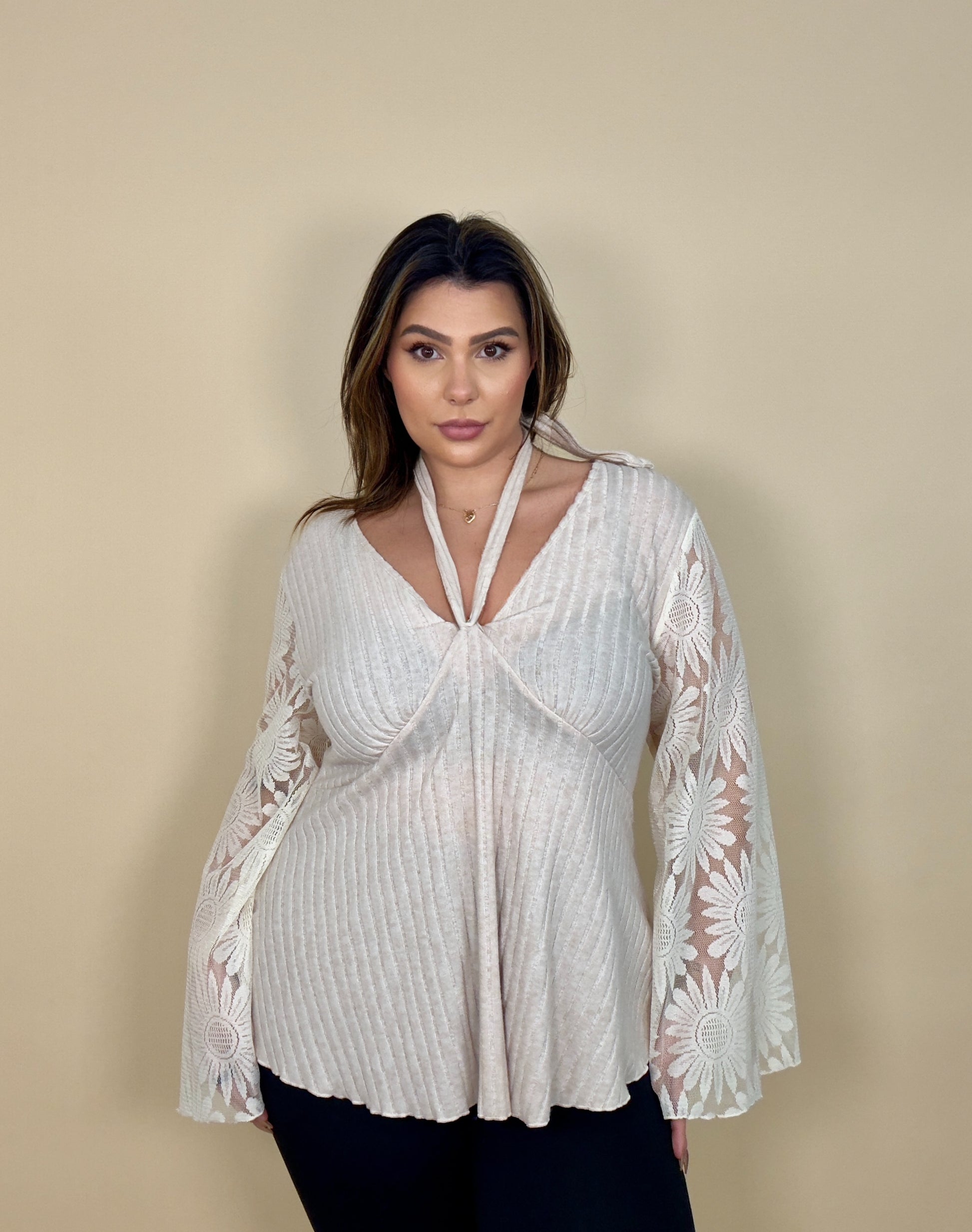 Beige Floral Bell Sleeve 2-way Top