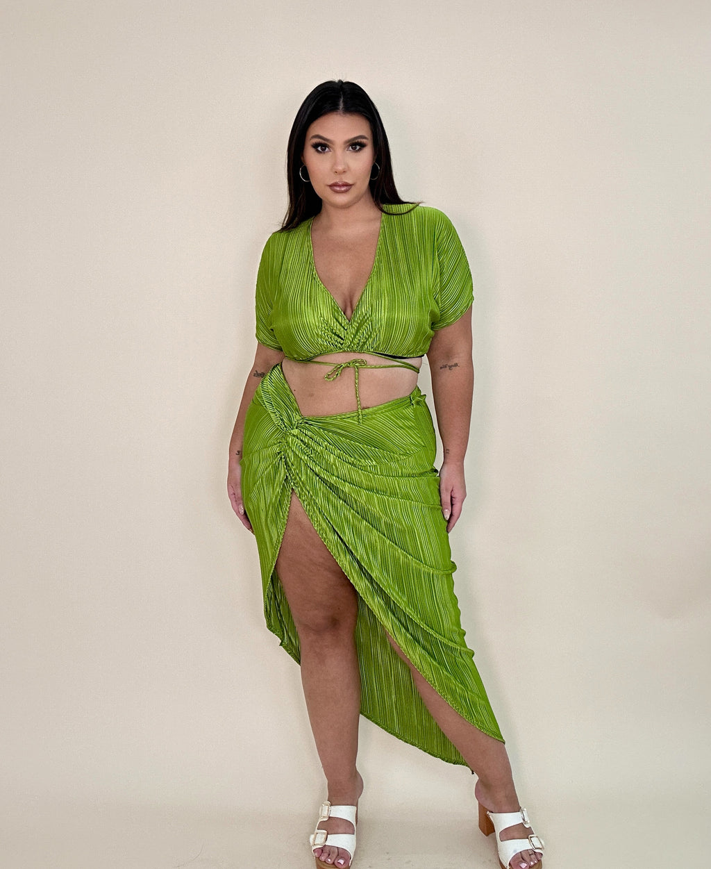 Green Textured Skirt Set