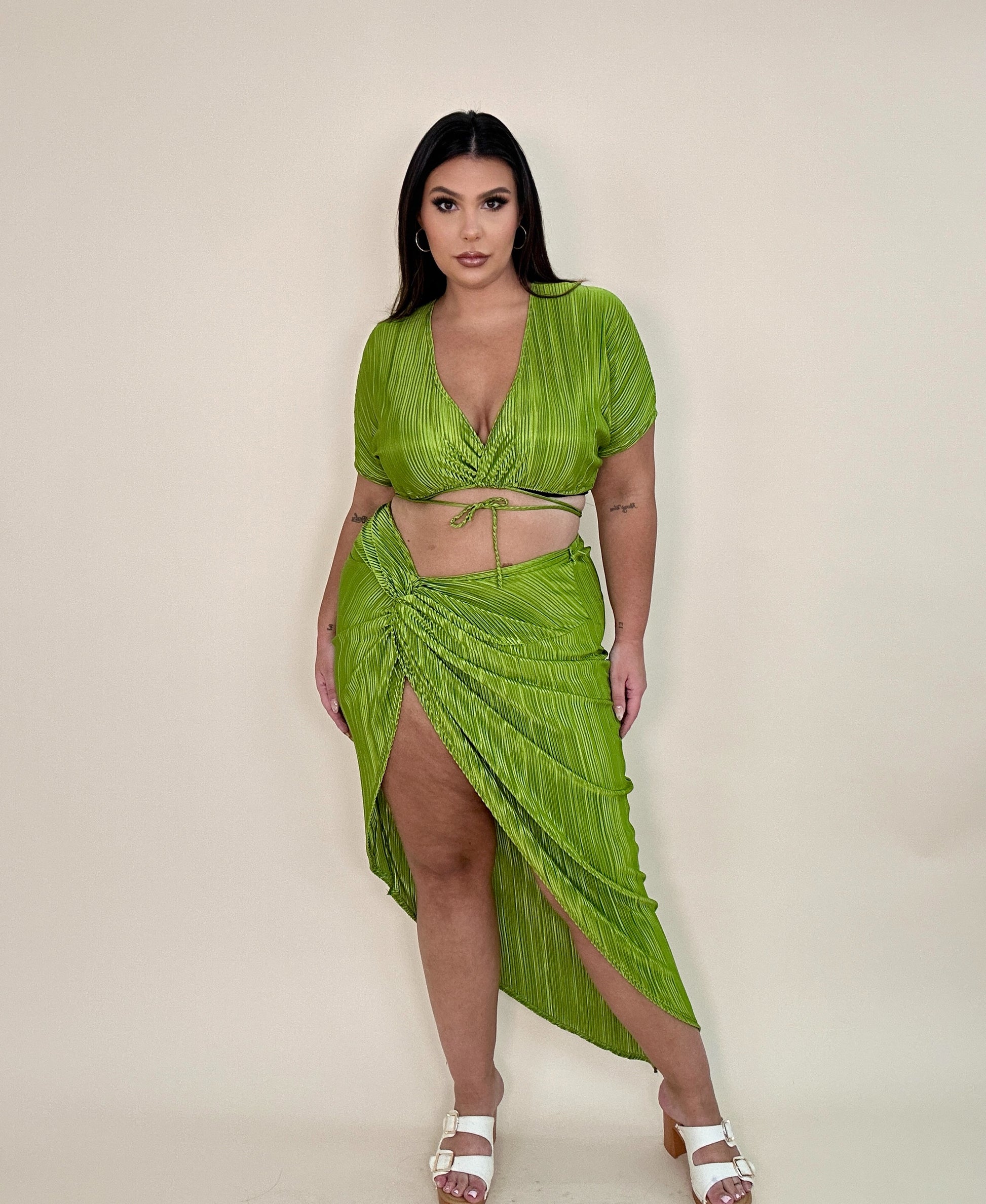 Green Textured Skirt Set