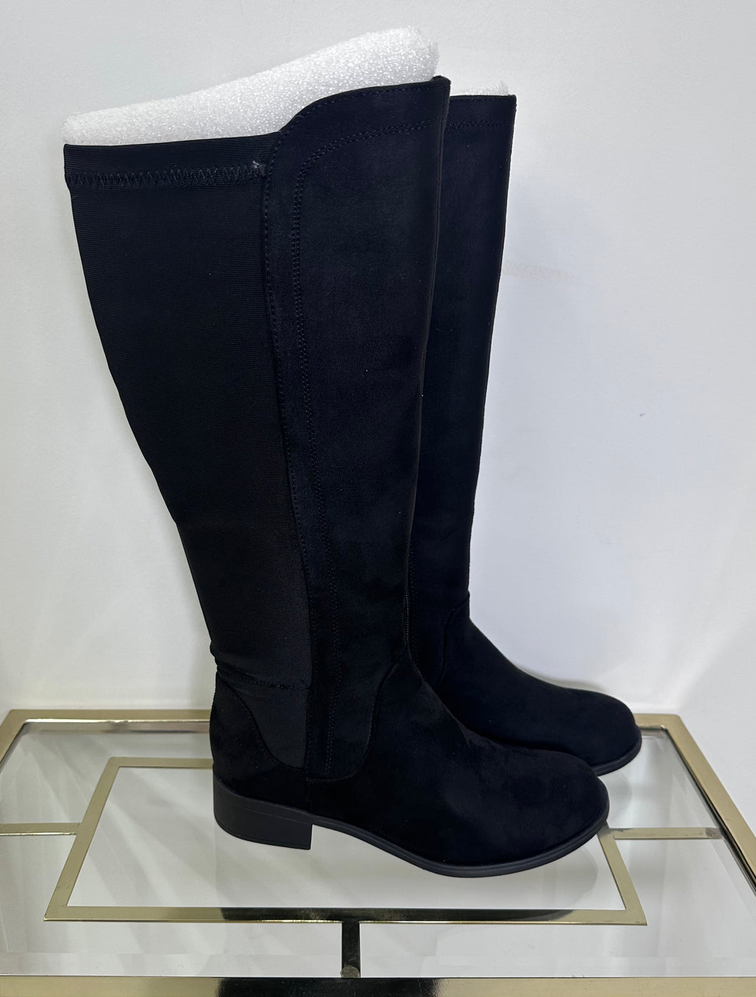 Mid Calf Faux Suede Stretch Boots