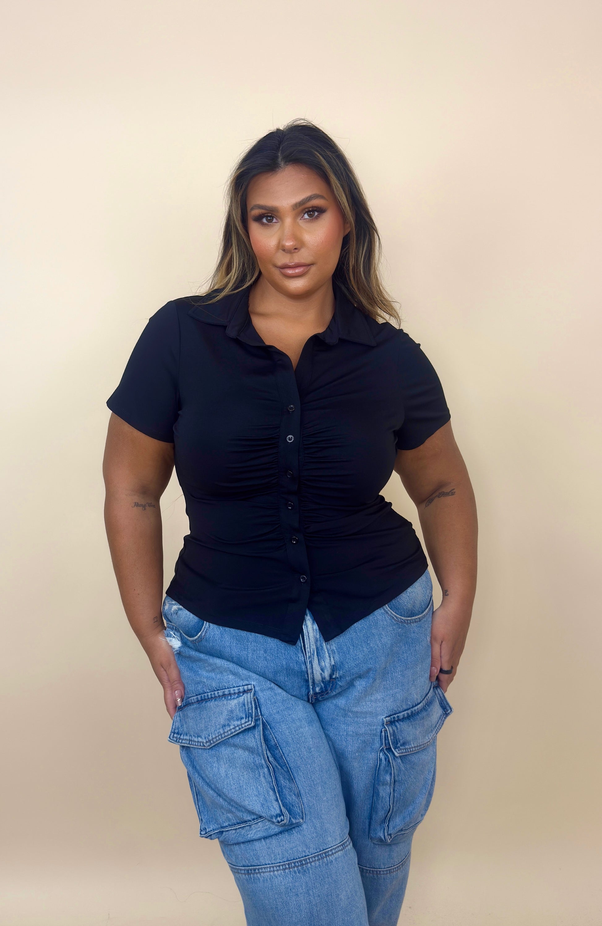 Soft Rouched Button Up Collared Top