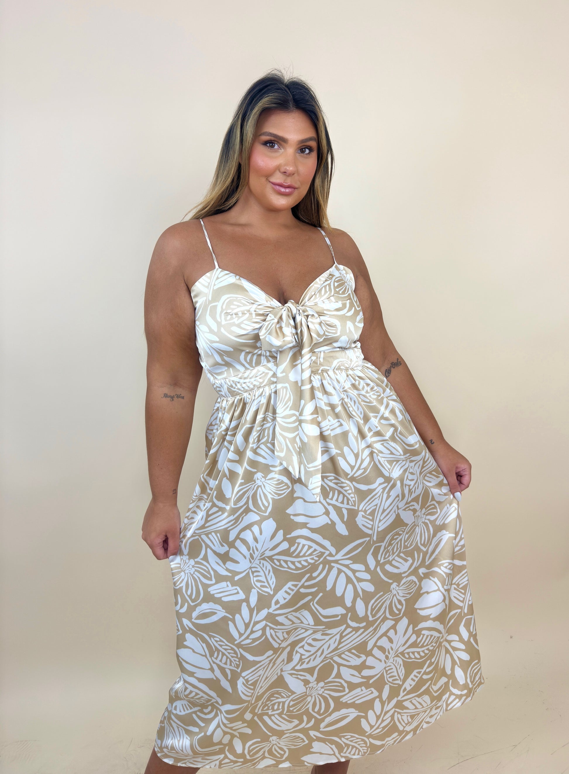 Beige & White Patterned Silky Dress