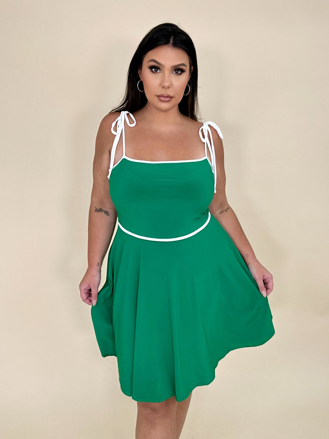 Green & White A-Line Dress