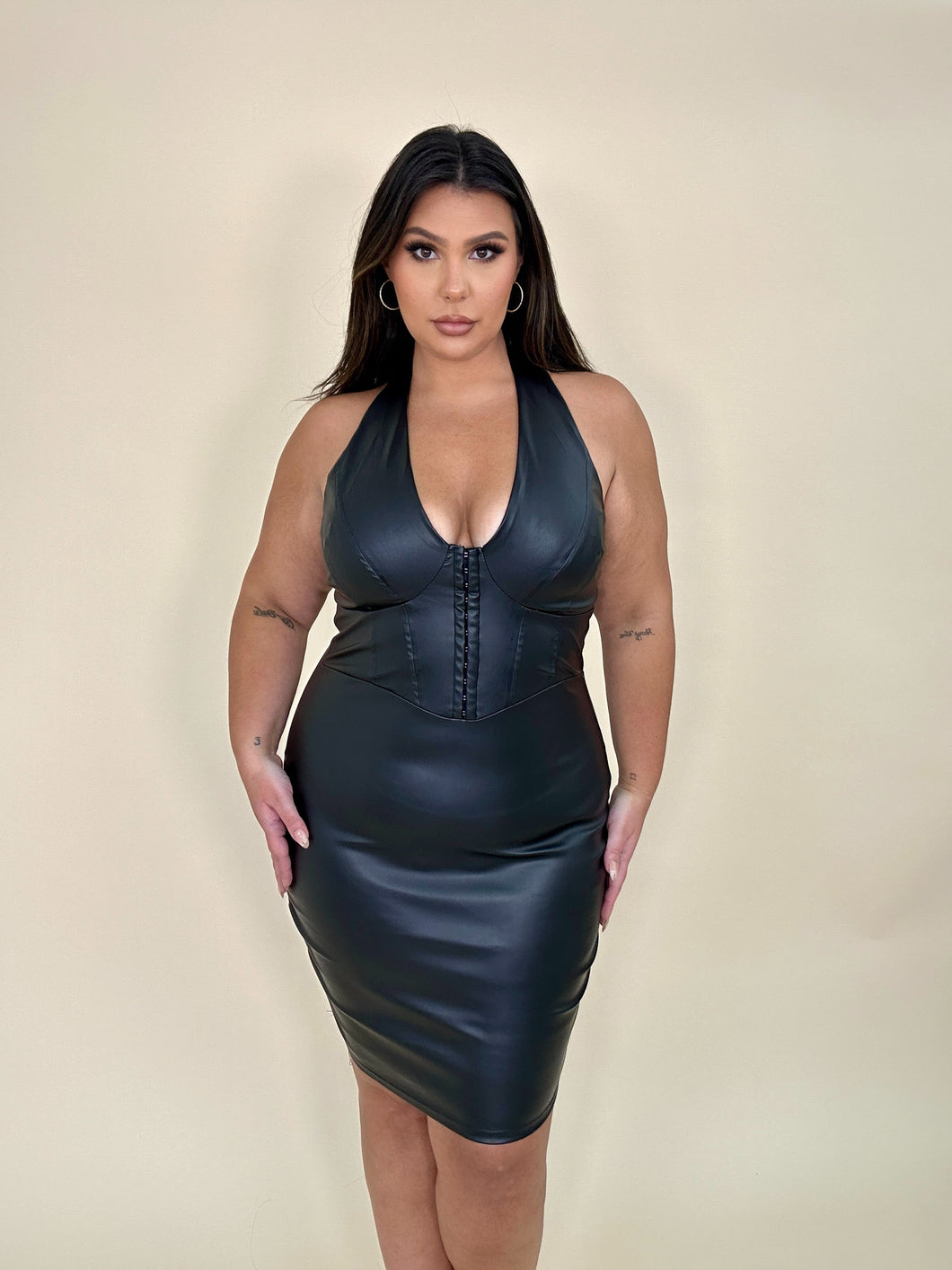 Faux Leather Corset Halter Dress