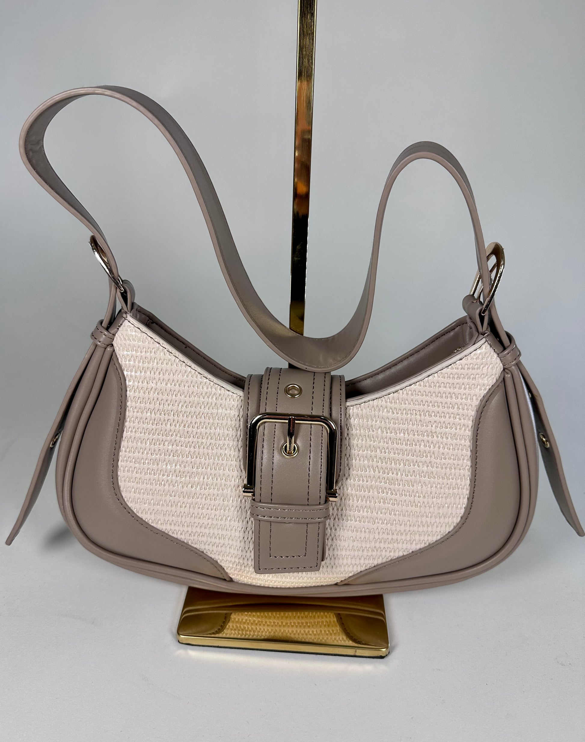 ‘Cortnie’ Tan Textured Faux Leather Buckle Bag