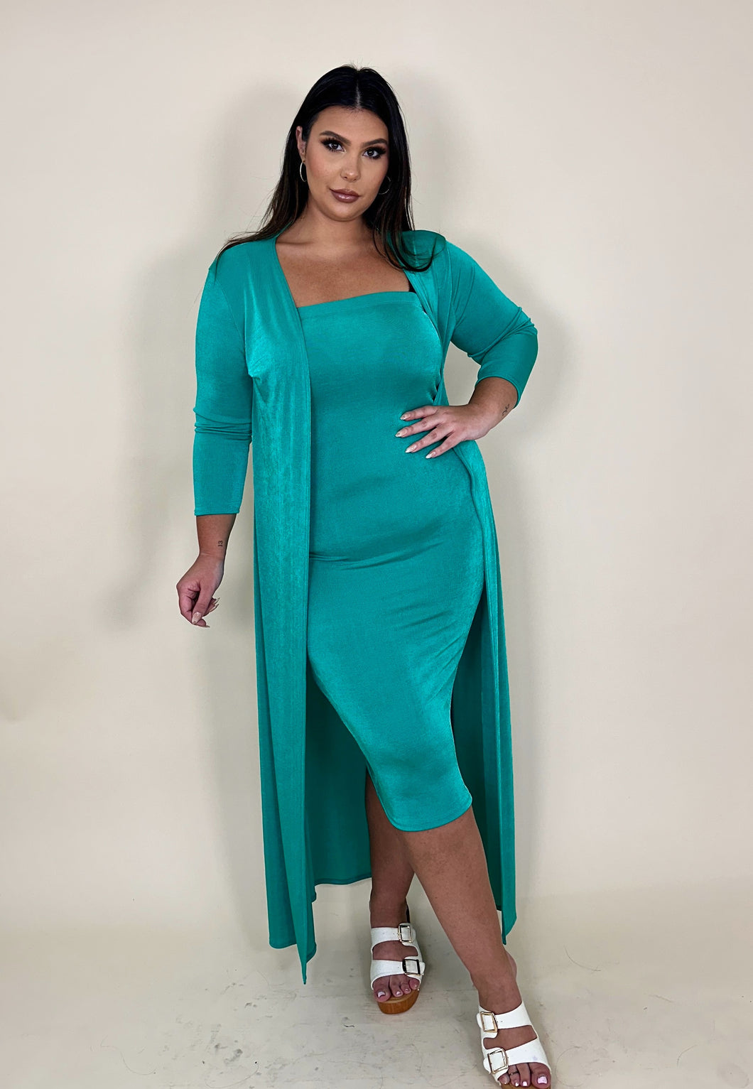 Teal Tube Bodycon Dress & Cardigan Set