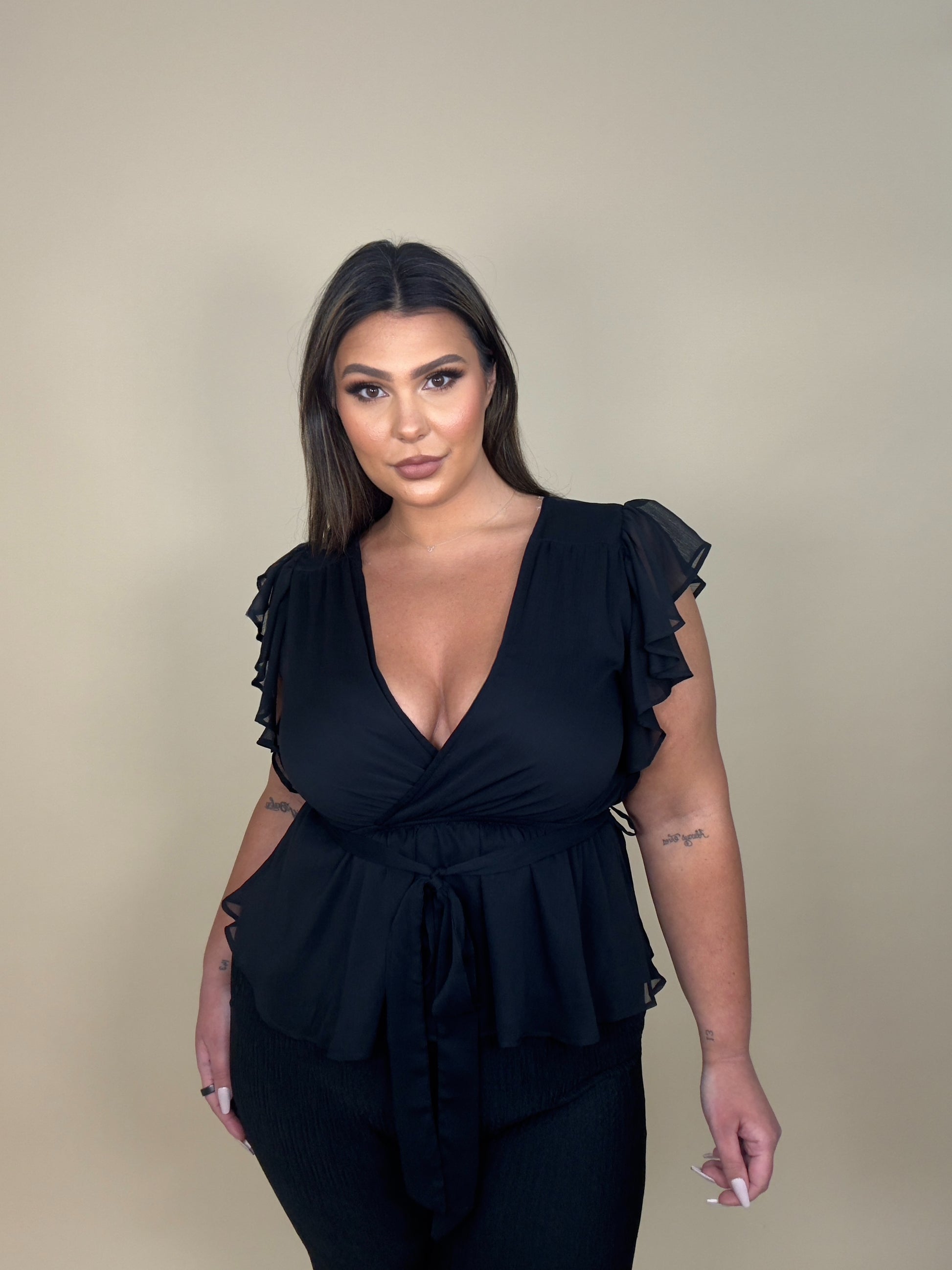 Ruffle Tie Belt Peplum Top