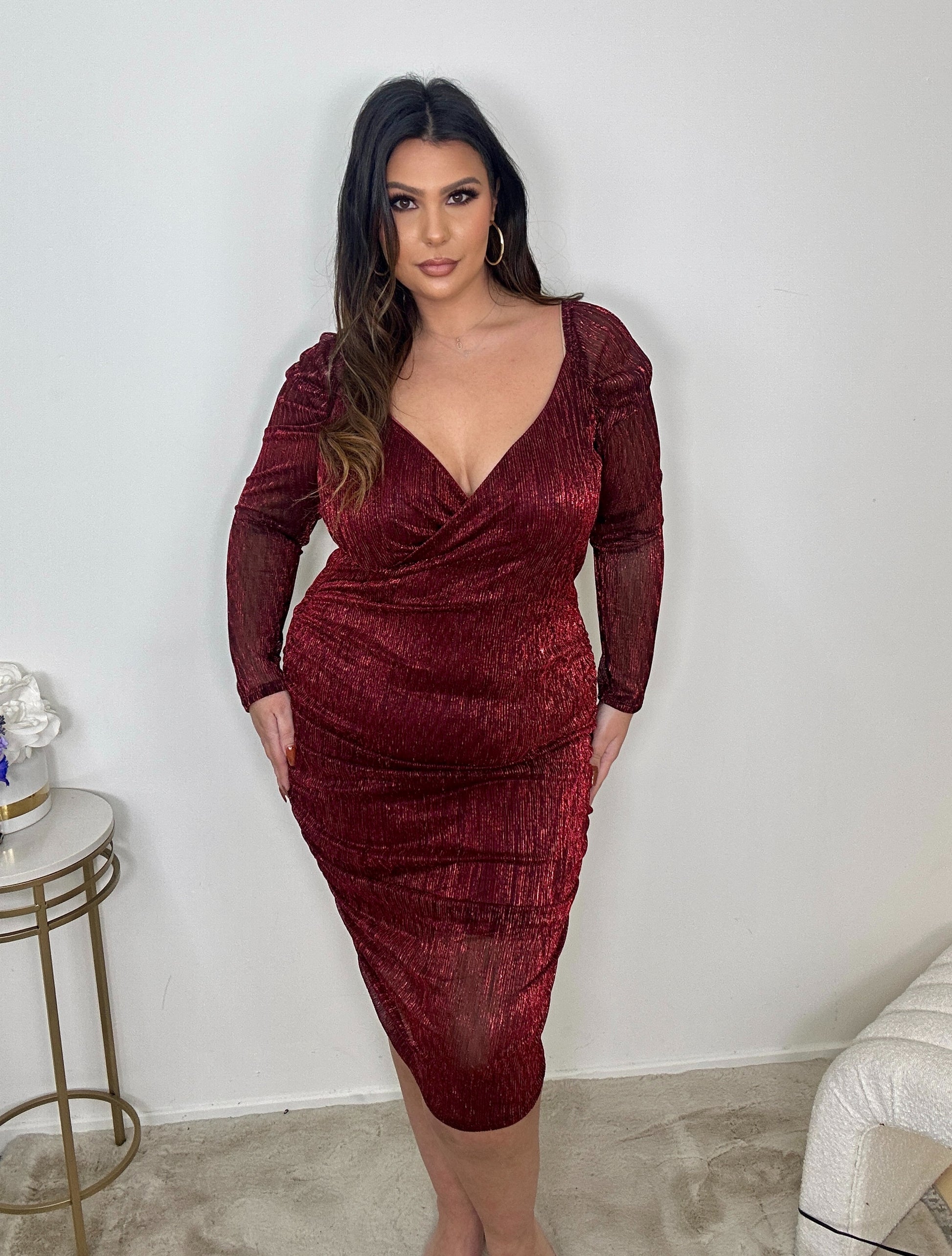 Shiny Red Rouched Dress