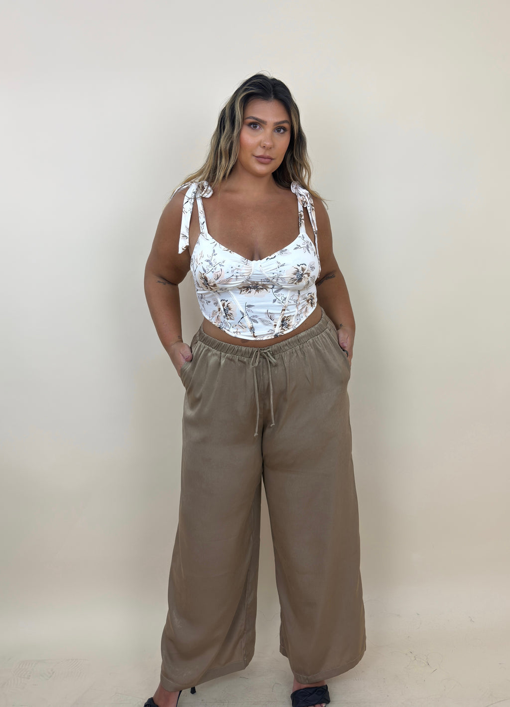 Beige Silky Sheen Wide Leg Pant