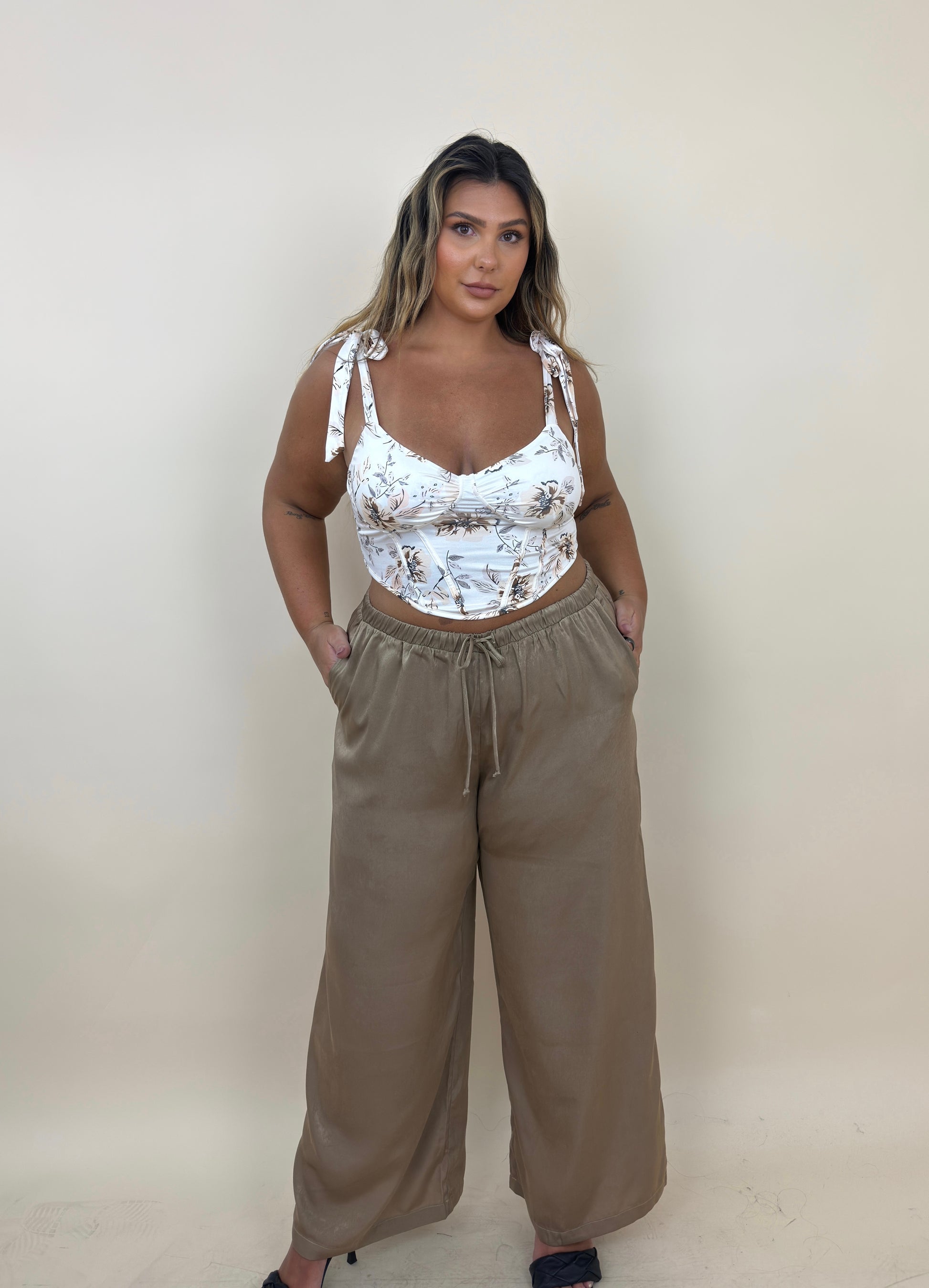 Beige Silky Sheen Wide Leg Pant