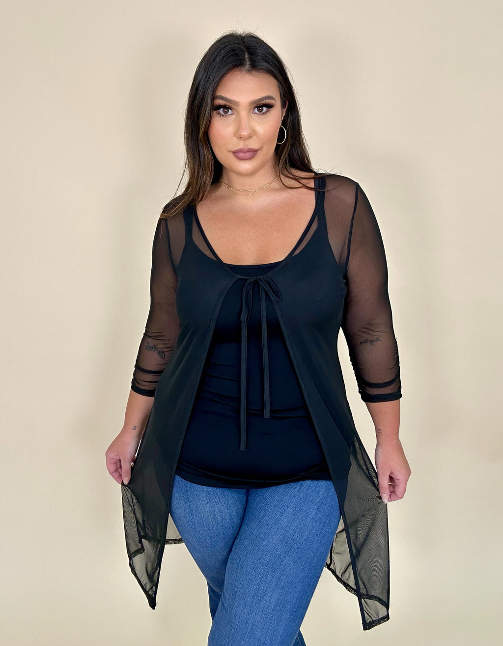 Long Sheer Front Tie Cardigan
