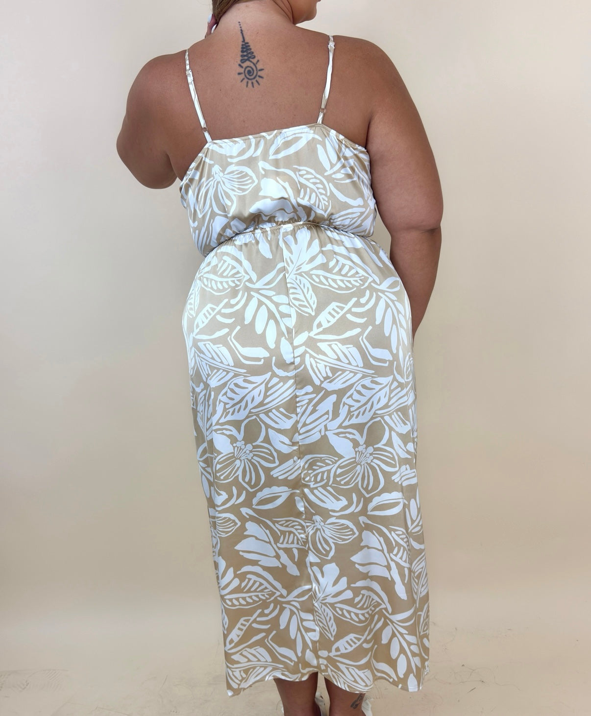 Beige & White Patterned Silky Dress