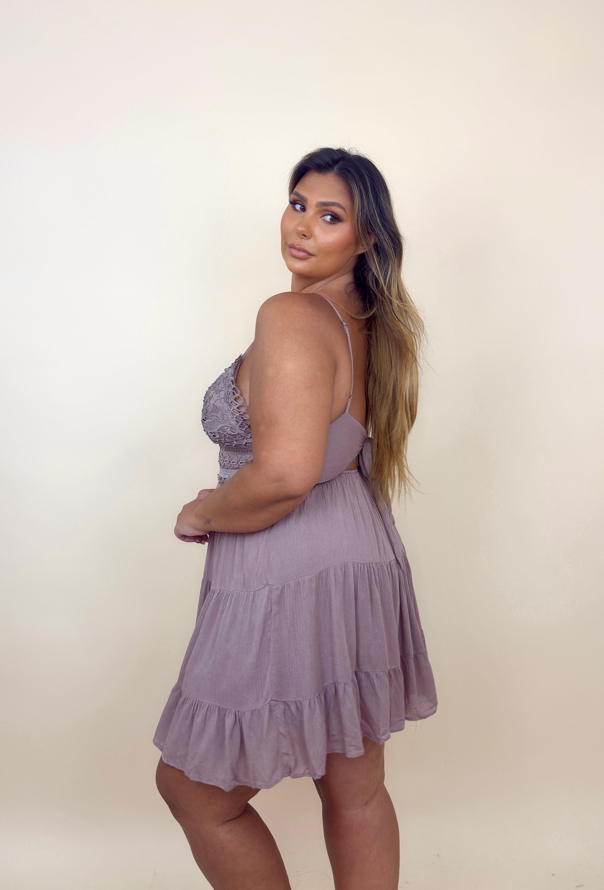 Mauve Lace Tie Back Dress