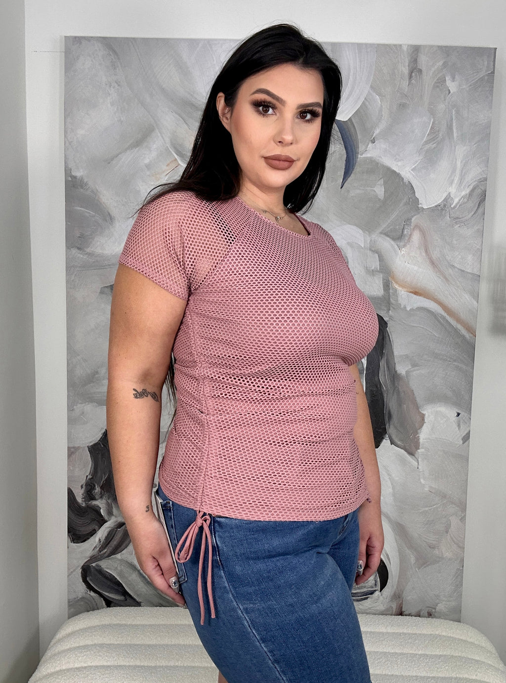 ‘Halle’ Mesh Asymmetrical Side Tie Top (2 color)