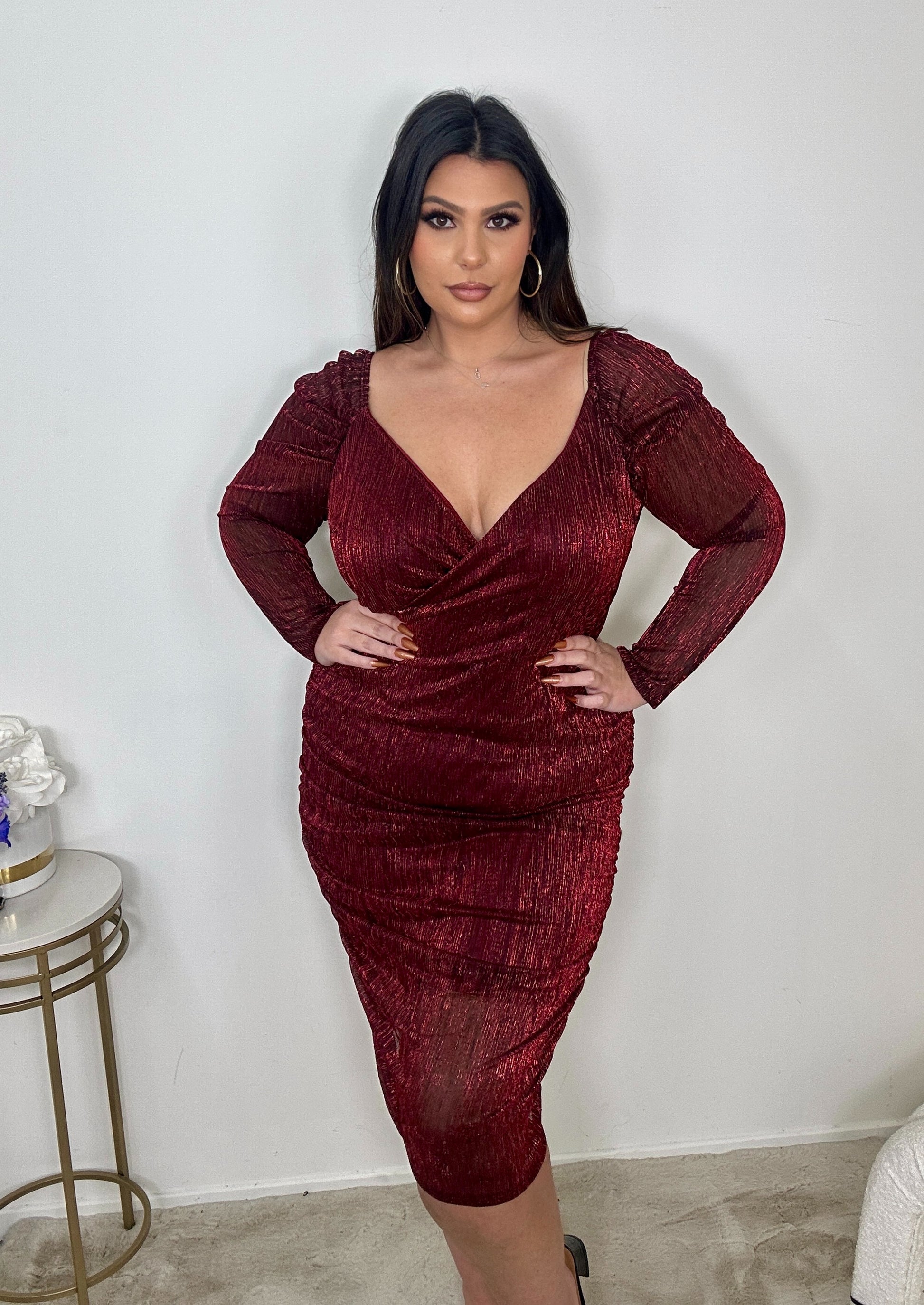 Shiny Red Rouched Dress
