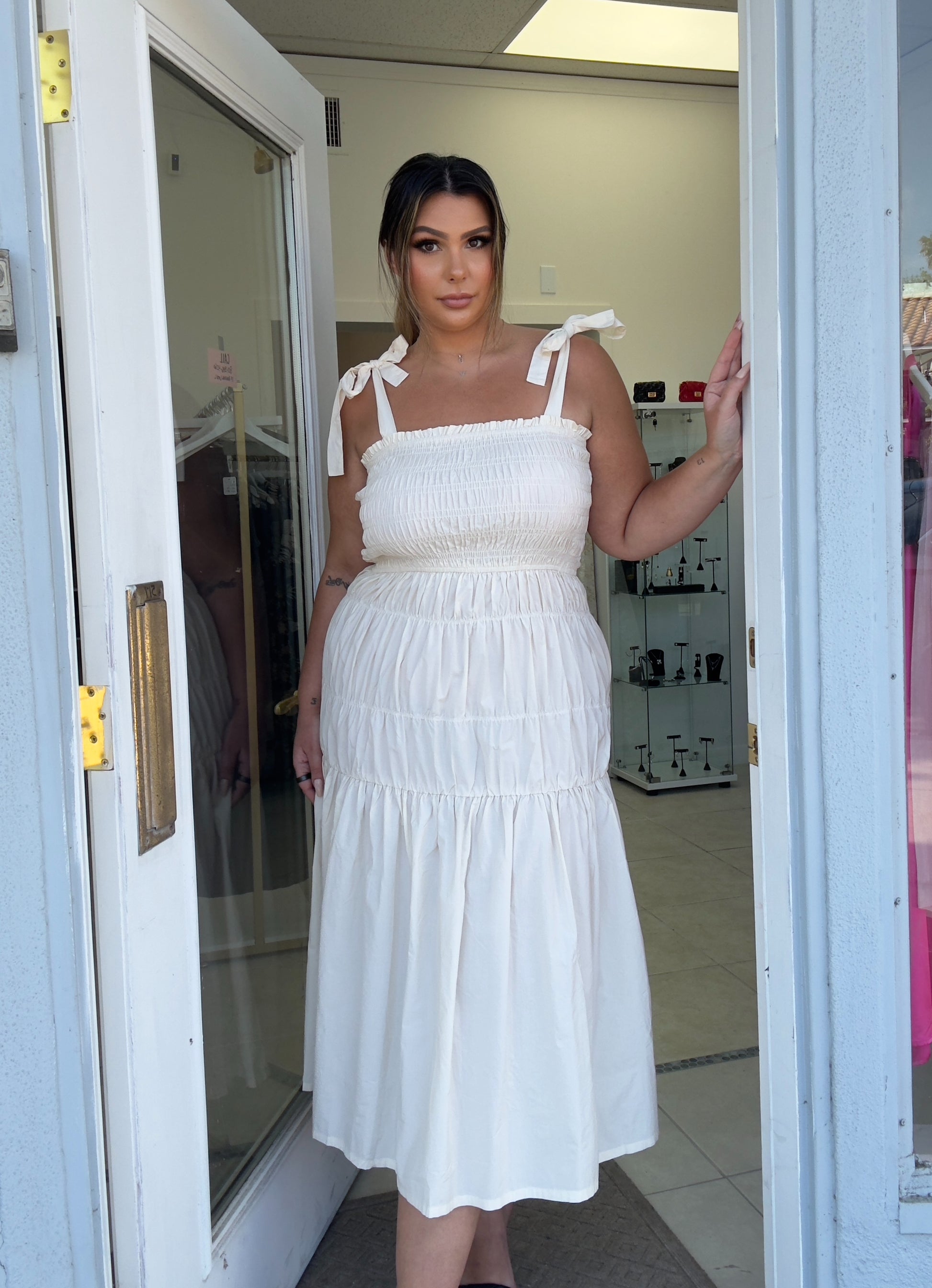 Cream Smocked Summer Dress