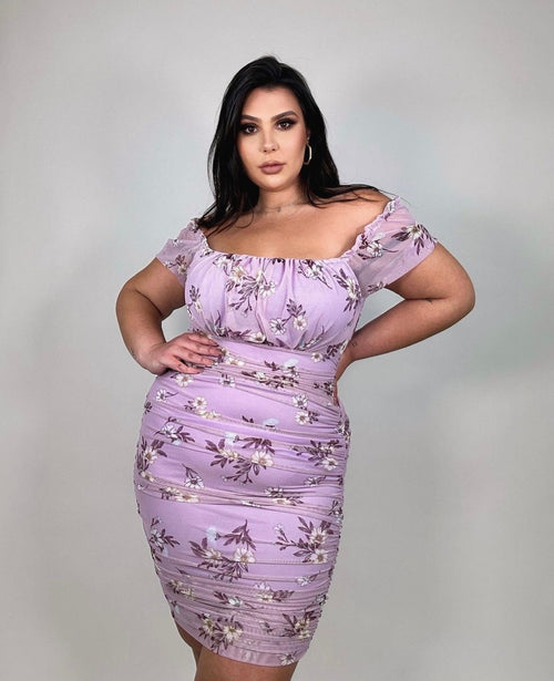 'Lilly' Lilac Floral Ruched Dress
